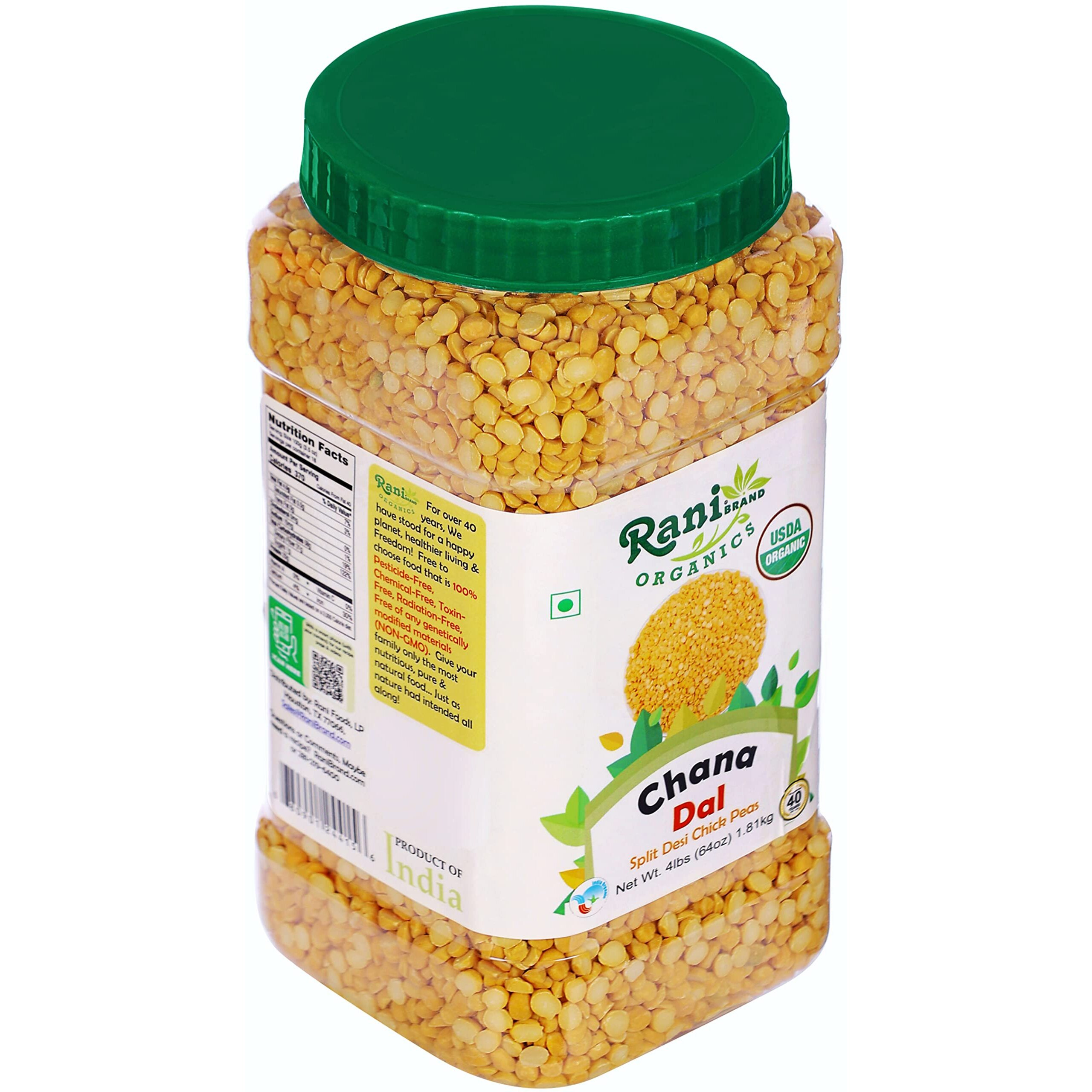 Rani Organic Chana Dal (Split Desi Chickpeas without skin) 64oz (4lbs) 1.81kg Bulk PET Jar ~ All Natural, Vegan, Gluten Friendly, NON-GMO, Indian Origin, USDA Certified Organic