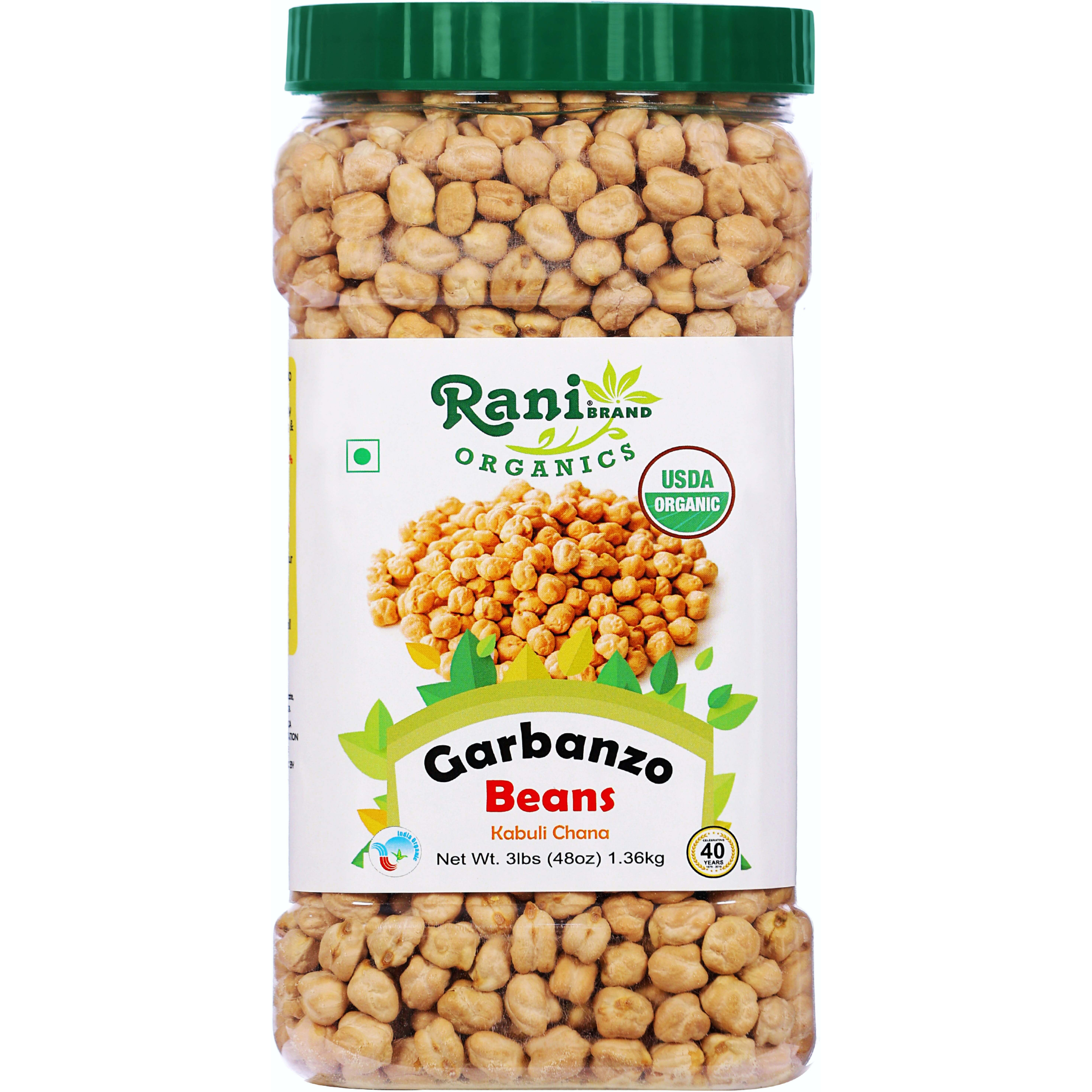Rani Organic Garbanzo Beans (Kabuli Chana) 48oz (3lbs) 1.36kg Bulk PET Jar ~ All Natural, Vegan, Gluten Friendly, NON-GMO, Indian Origin, USDA Certified Organic