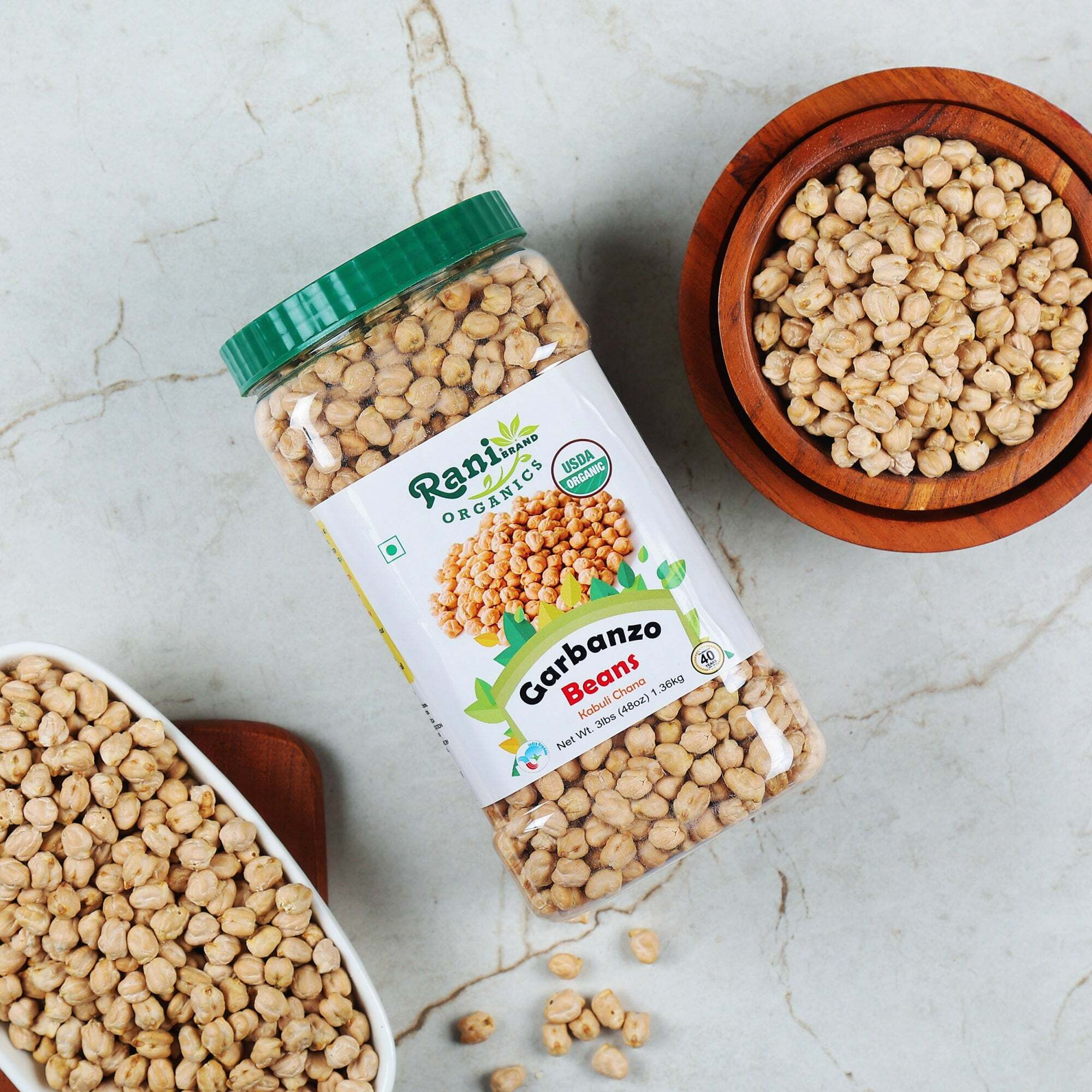 Rani Organic Garbanzo Beans (Kabuli Chana) 48oz (3lbs) 1.36kg Bulk PET Jar ~ All Natural, Vegan, Gluten Friendly, NON-GMO, Indian Origin, USDA Certified Organic