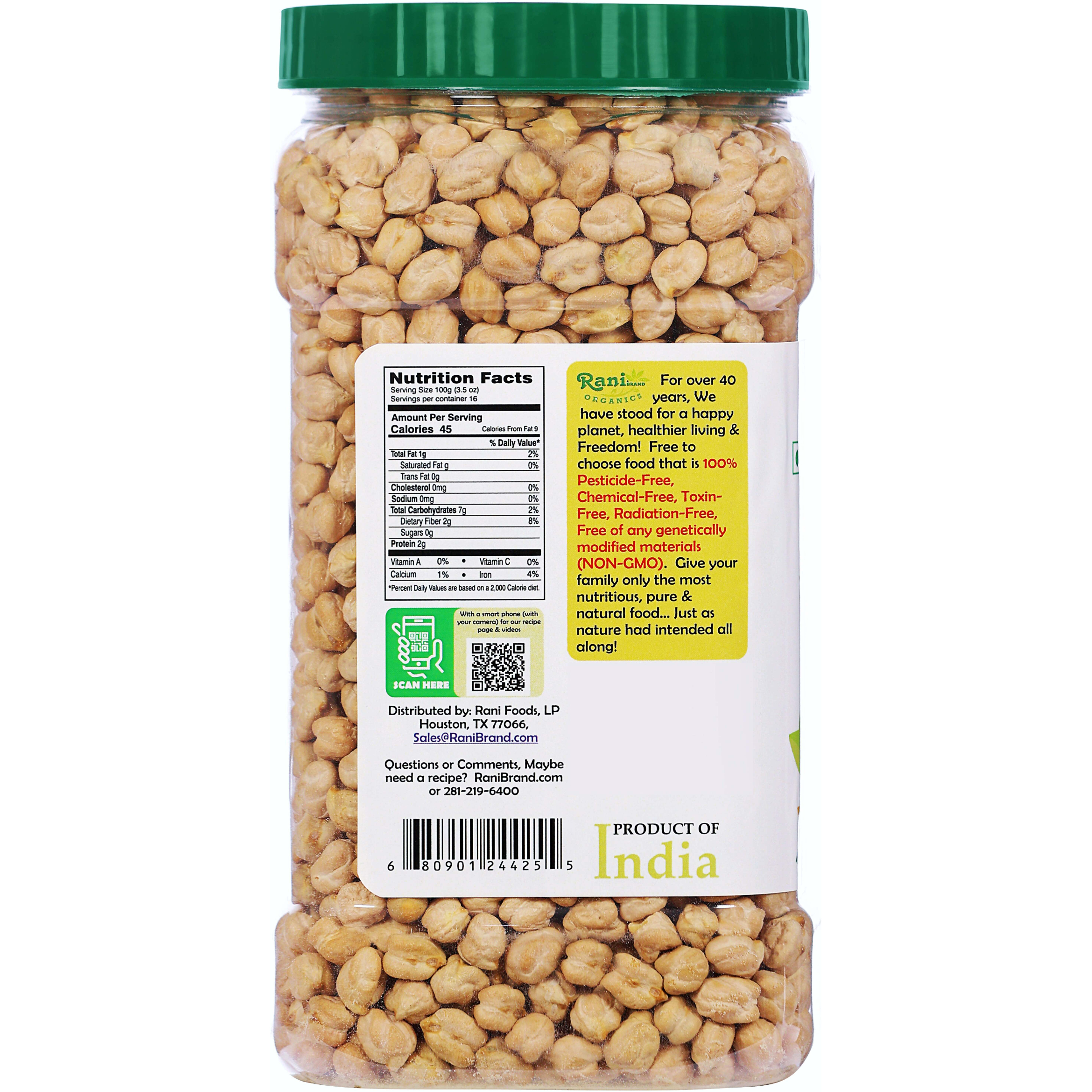 Rani Organic Garbanzo Beans (Kabuli Chana) 48oz (3lbs) 1.36kg Bulk PET Jar ~ All Natural, Vegan, Gluten Friendly, NON-GMO, Indian Origin, USDA Certified Organic