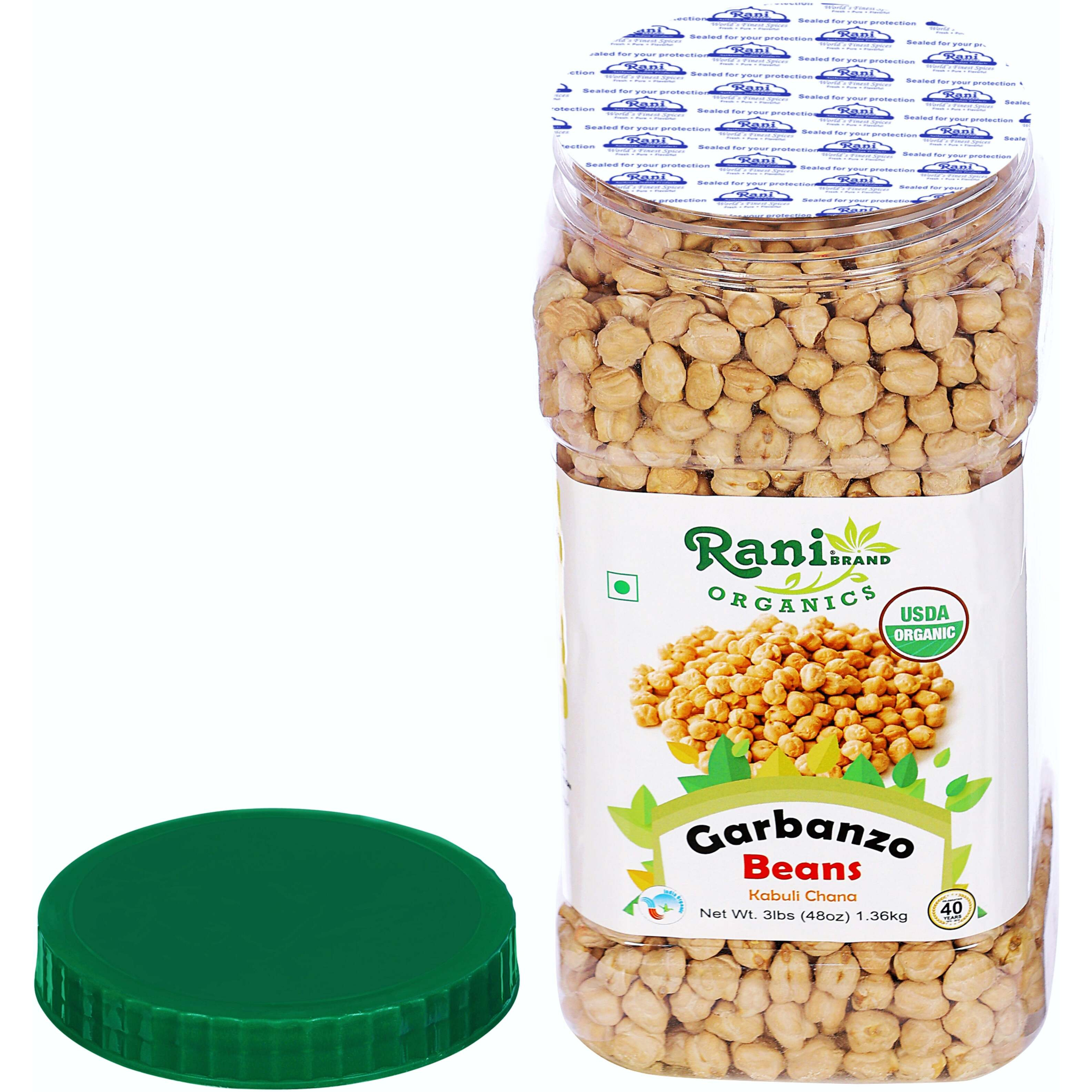 Rani Organic Garbanzo Beans (Kabuli Chana) 48oz (3lbs) 1.36kg Bulk PET Jar ~ All Natural, Vegan, Gluten Friendly, NON-GMO, Indian Origin, USDA Certified Organic