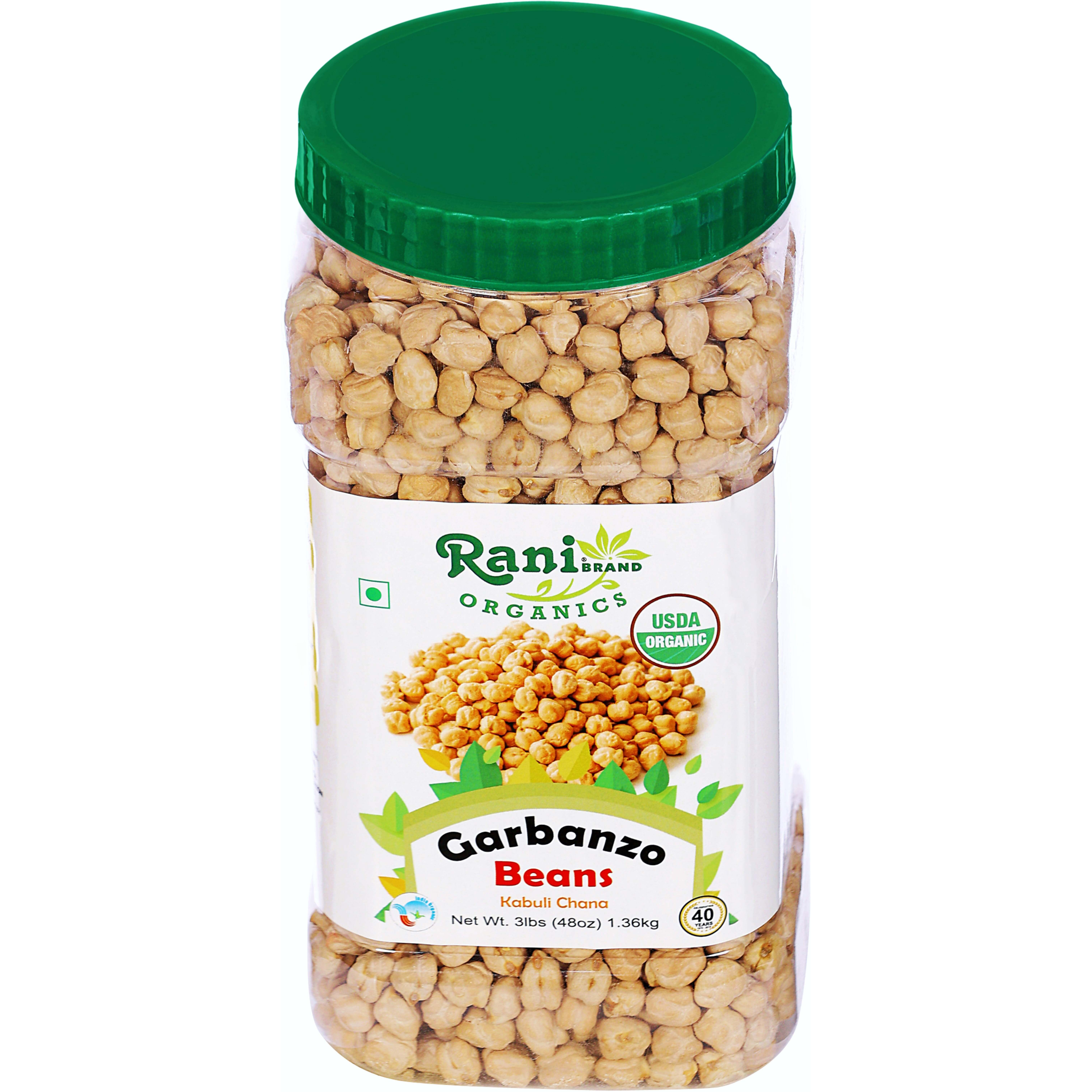 Rani Organic Garbanzo Beans (Kabuli Chana) 48oz (3lbs) 1.36kg Bulk PET Jar ~ All Natural, Vegan, Gluten Friendly, NON-GMO, Indian Origin, USDA Certified Organic