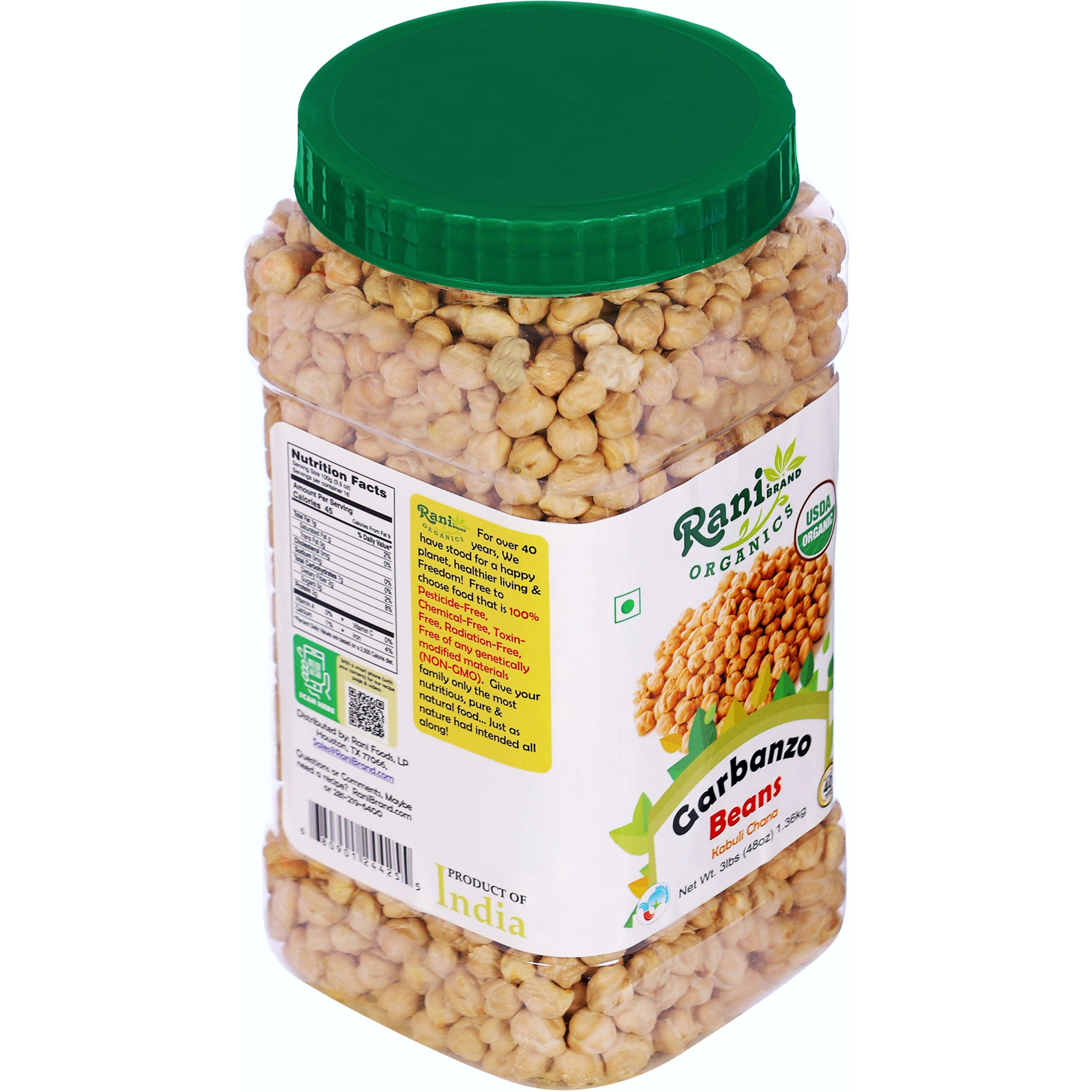 Rani Organic Garbanzo Beans (Kabuli Chana) 48oz (3lbs) 1.36kg Bulk PET Jar ~ All Natural, Vegan, Gluten Friendly, NON-GMO, Indian Origin, USDA Certified Organic