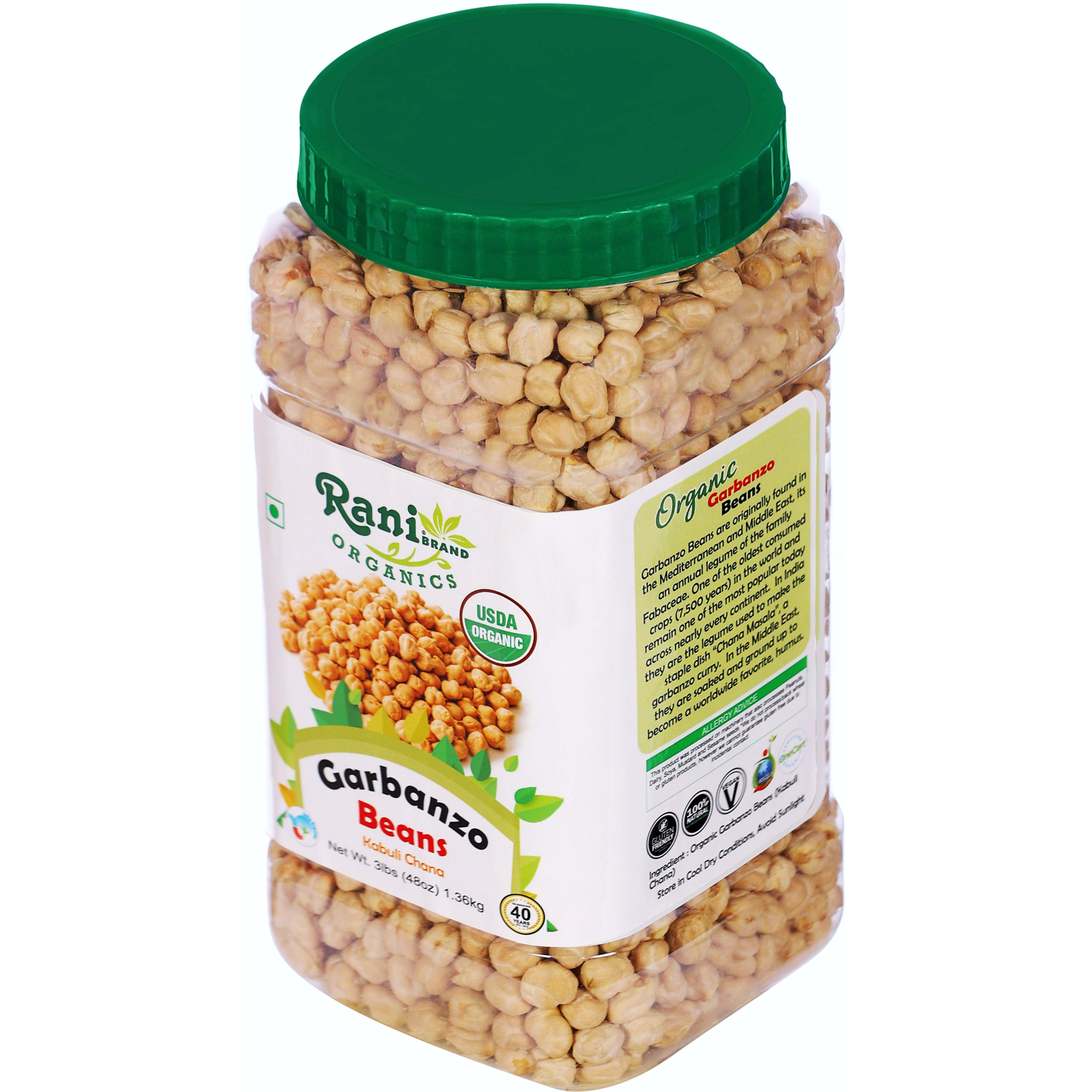 Rani Organic Garbanzo Beans (Kabuli Chana) 48oz (3lbs) 1.36kg Bulk PET Jar ~ All Natural, Vegan, Gluten Friendly, NON-GMO, Indian Origin, USDA Certified Organic