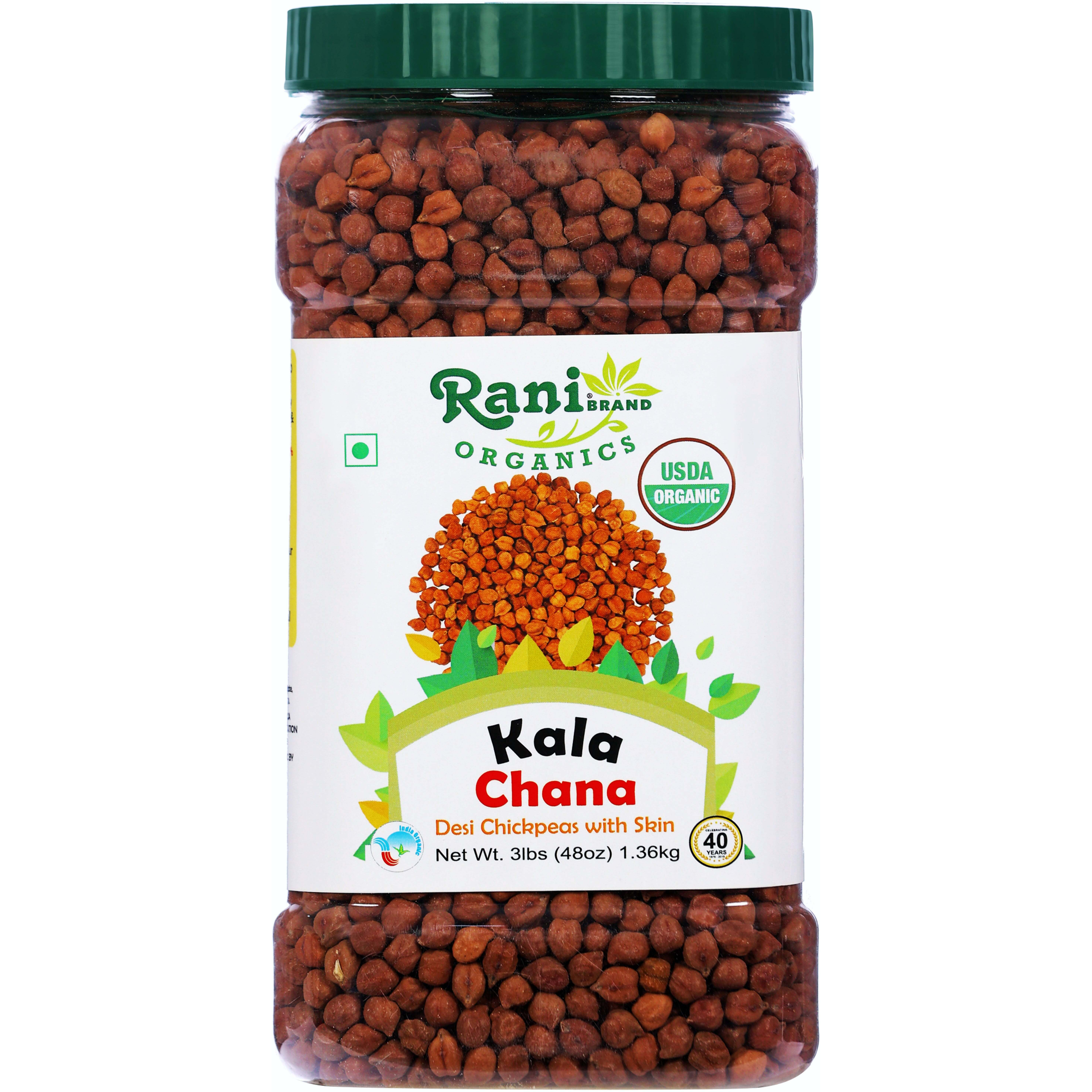 Rani Organic Kala Chana (Desi Chickpeas with Skin) 48oz (3lbs) 1.36kg Bulk PET Jar ~ All Natural, Vegan, Gluten Friendly, NON-GMO, Indian Origin, USDA Certified Organic