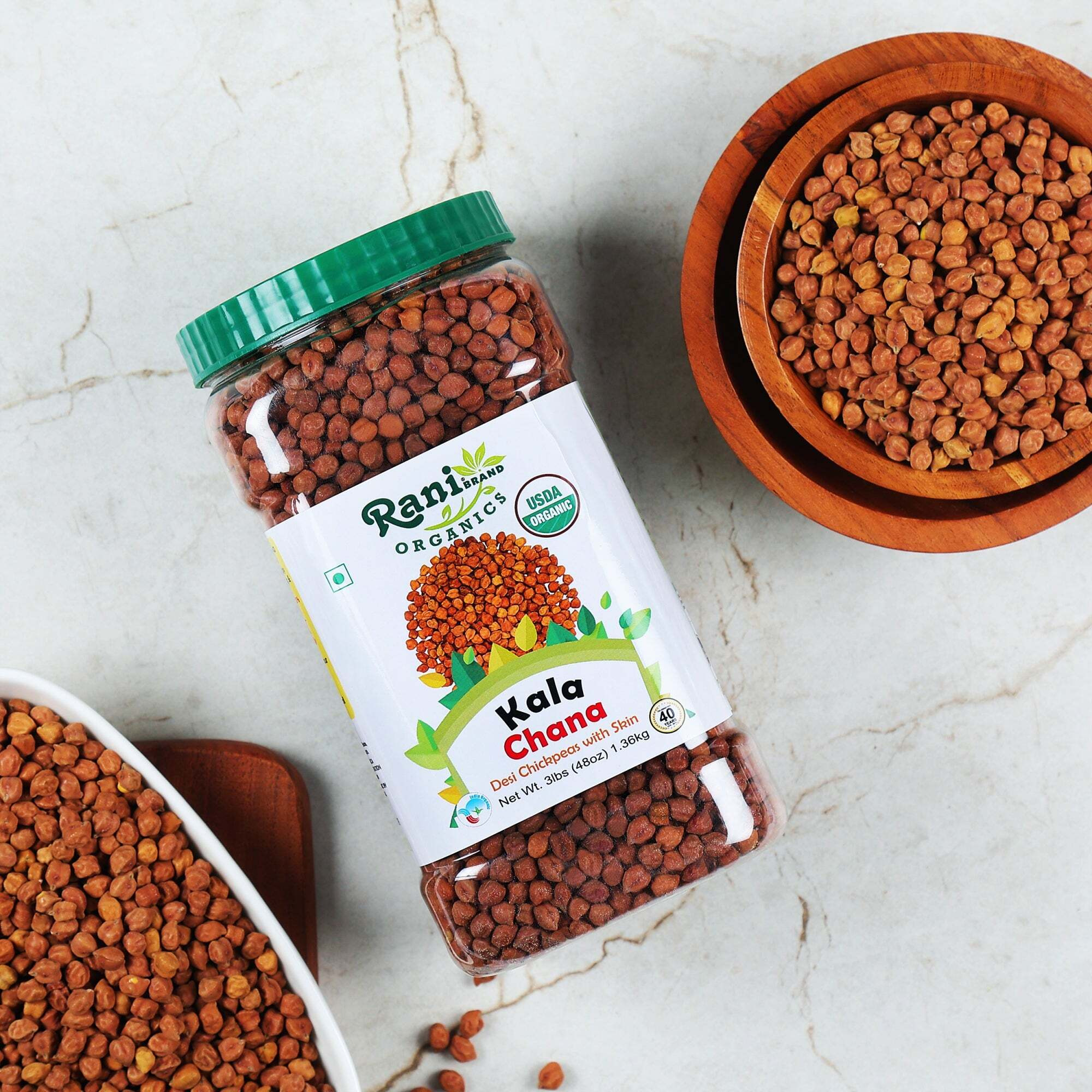 Rani Organic Kala Chana (Desi Chickpeas with Skin) 48oz (3lbs) 1.36kg Bulk PET Jar ~ All Natural, Vegan, Gluten Friendly, NON-GMO, Indian Origin, USDA Certified Organic