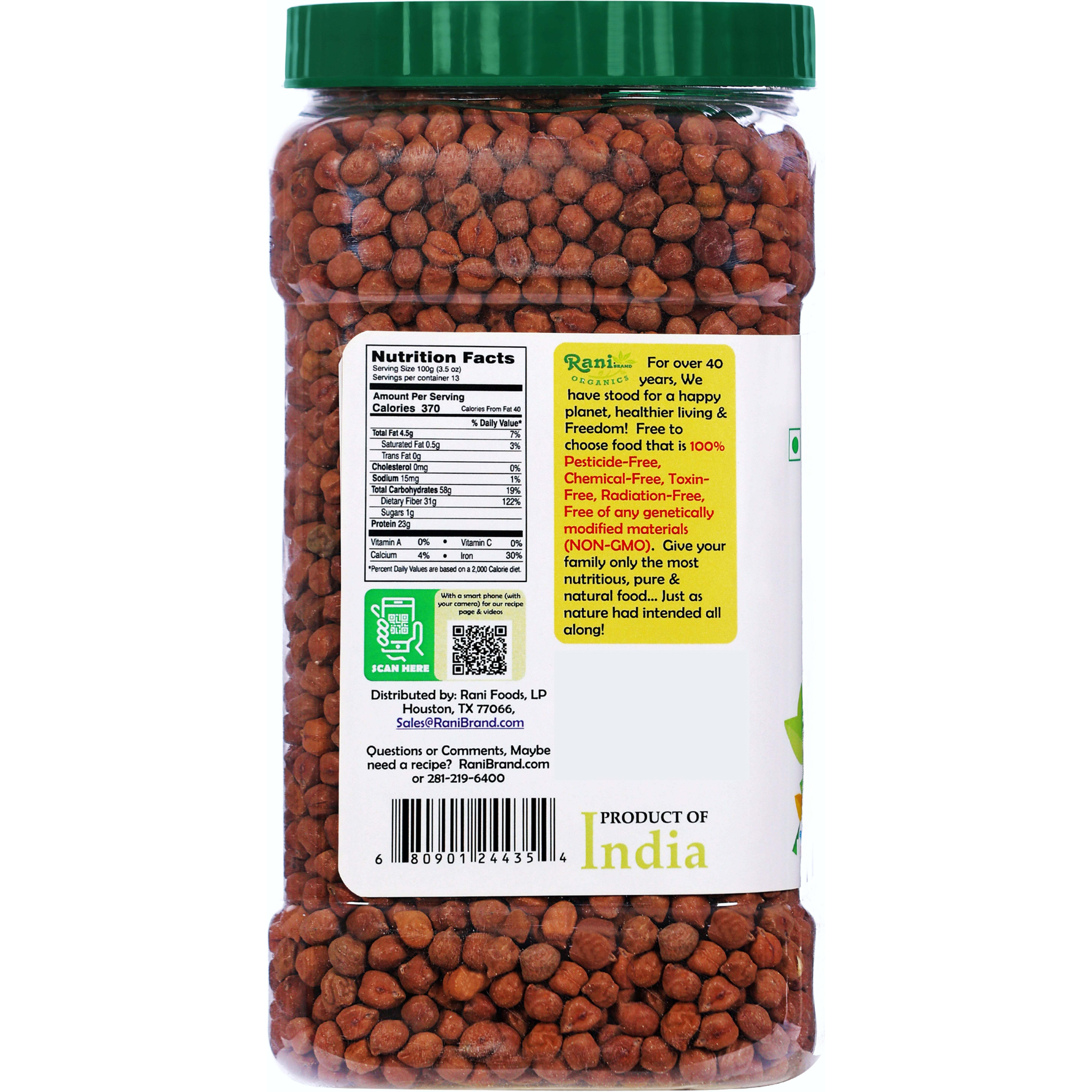 Rani Organic Kala Chana (Desi Chickpeas with Skin) 48oz (3lbs) 1.36kg Bulk PET Jar ~ All Natural, Vegan, Gluten Friendly, NON-GMO, Indian Origin, USDA Certified Organic