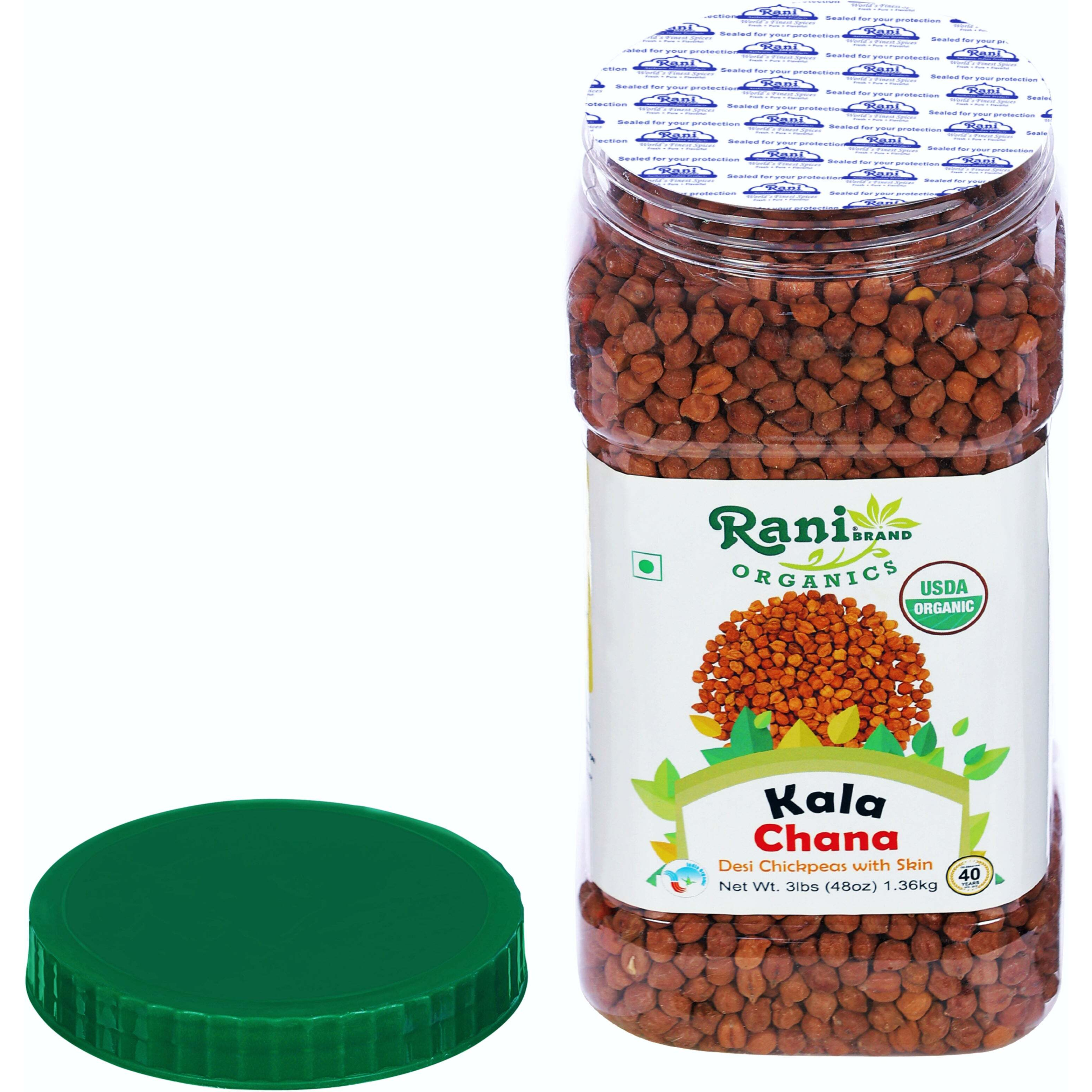Rani Organic Kala Chana (Desi Chickpeas with Skin) 48oz (3lbs) 1.36kg Bulk PET Jar ~ All Natural, Vegan, Gluten Friendly, NON-GMO, Indian Origin, USDA Certified Organic
