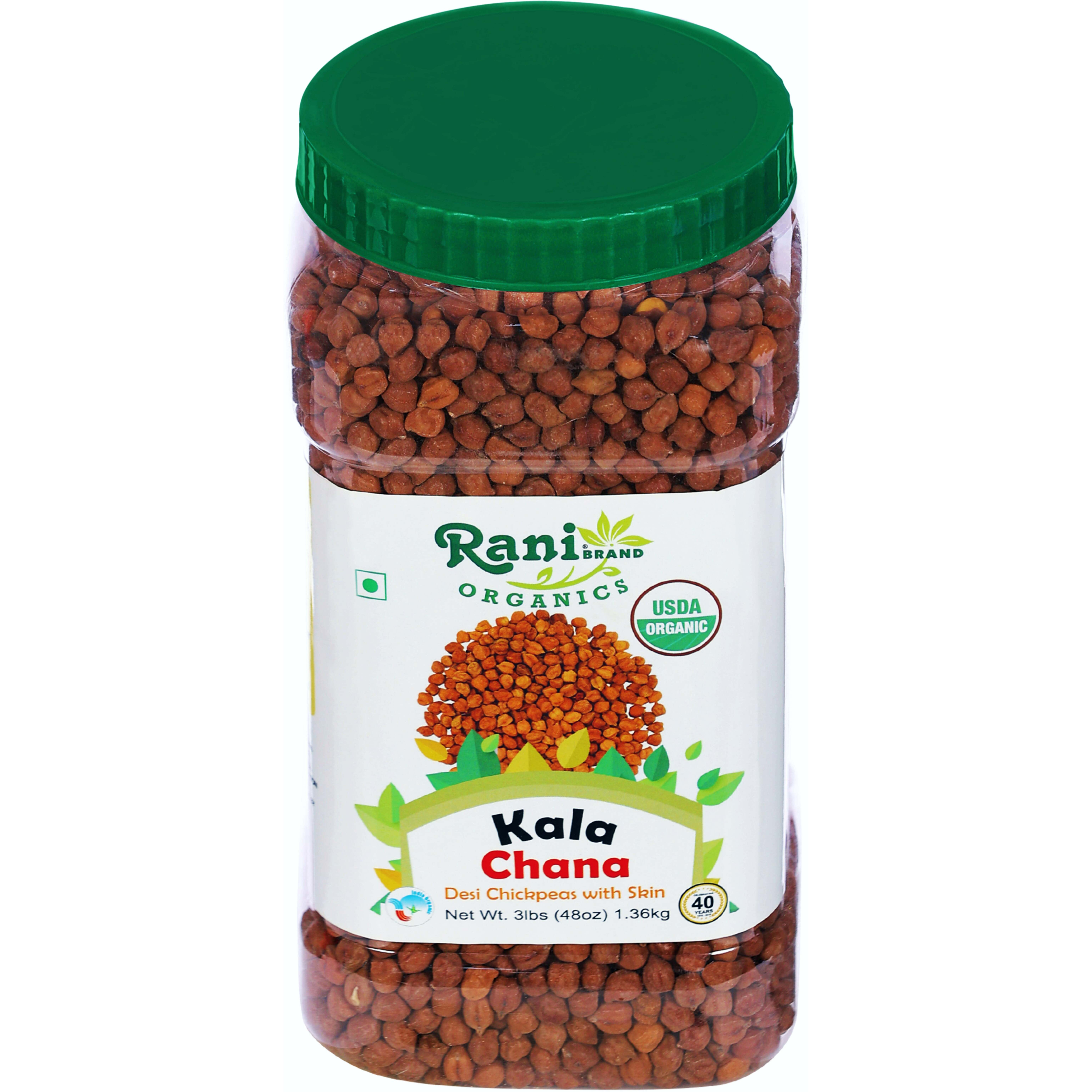 Rani Organic Kala Chana (Desi Chickpeas with Skin) 48oz (3lbs) 1.36kg Bulk PET Jar ~ All Natural, Vegan, Gluten Friendly, NON-GMO, Indian Origin, USDA Certified Organic