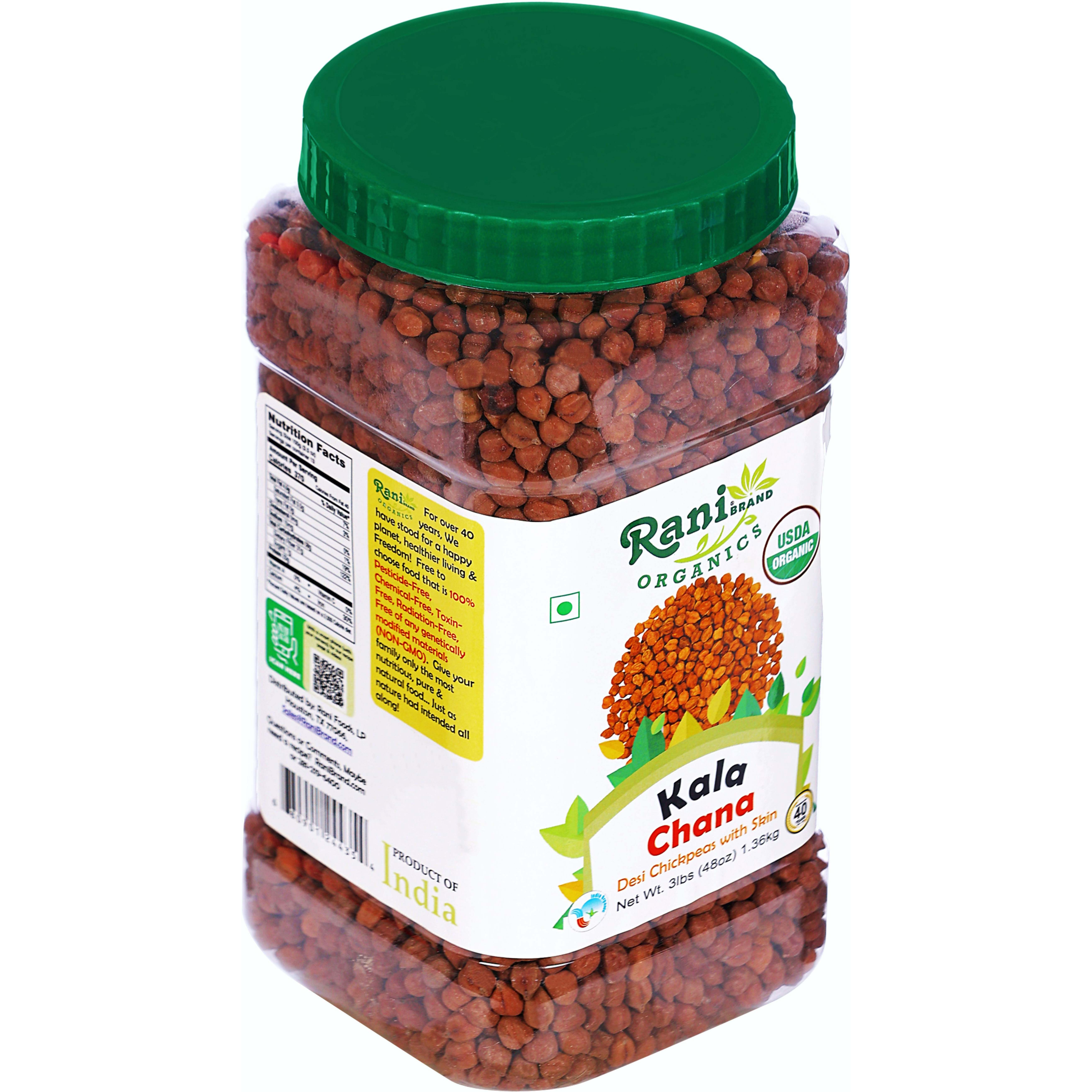 Rani Organic Kala Chana (Desi Chickpeas with Skin) 48oz (3lbs) 1.36kg Bulk PET Jar ~ All Natural, Vegan, Gluten Friendly, NON-GMO, Indian Origin, USDA Certified Organic