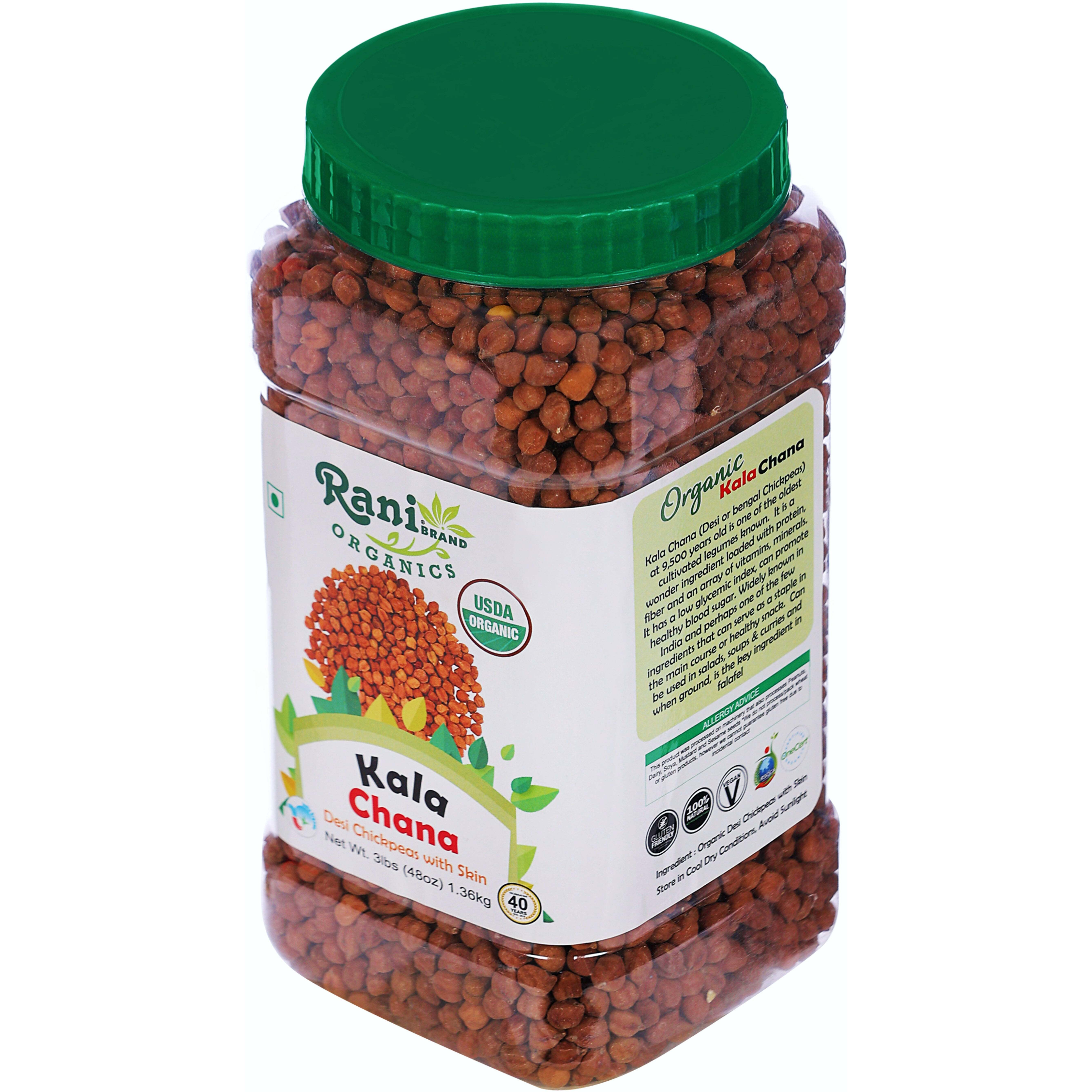 Rani Organic Kala Chana (Desi Chickpeas with Skin) 48oz (3lbs) 1.36kg Bulk PET Jar ~ All Natural, Vegan, Gluten Friendly, NON-GMO, Indian Origin, USDA Certified Organic