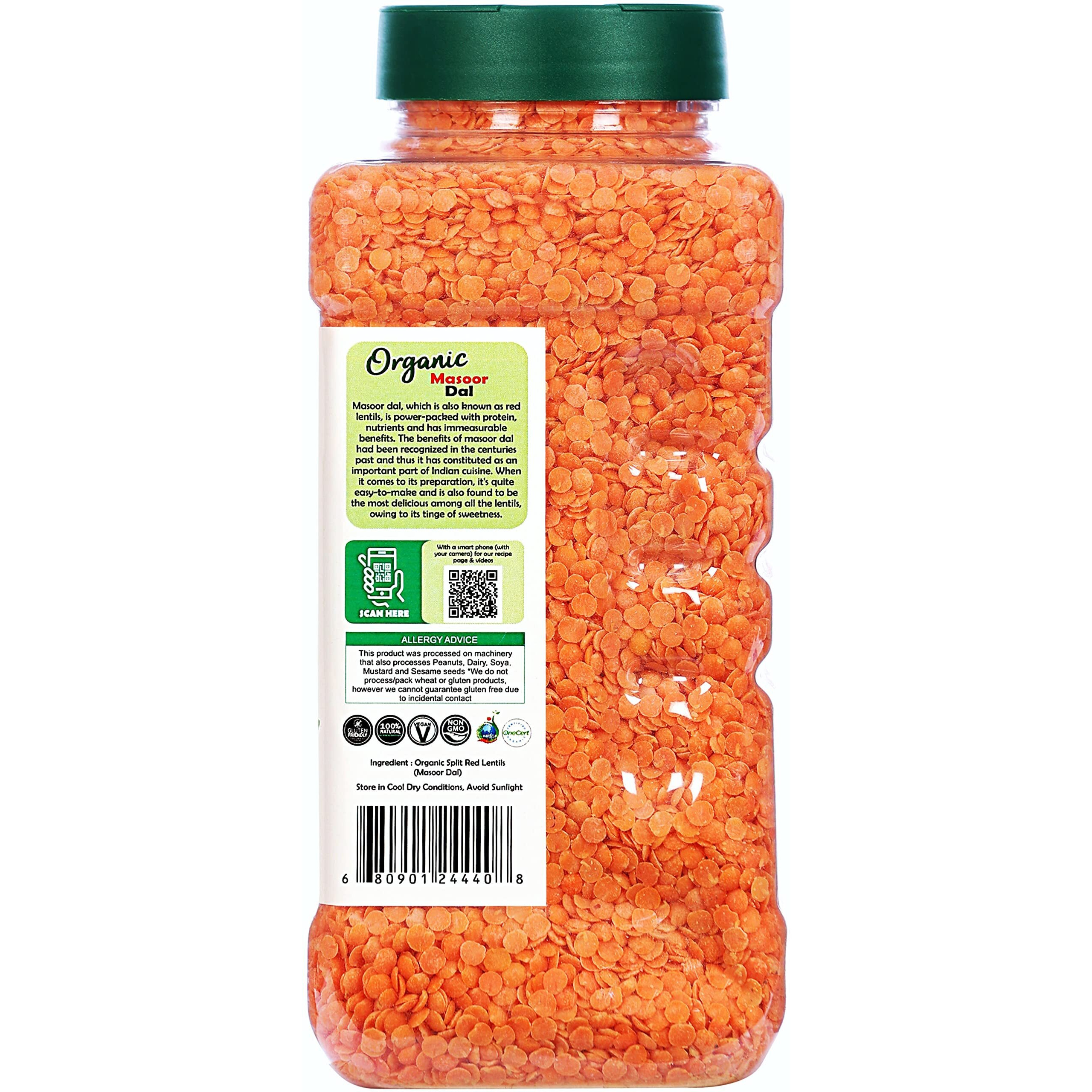 Rani Organic Masoor Dal (Red Split Lentils) 28oz (800g) PET Jar ~ All Natural, Vegan, Gluten Friendly, NON-GMO, Indian Origin, USDA Certified Organic