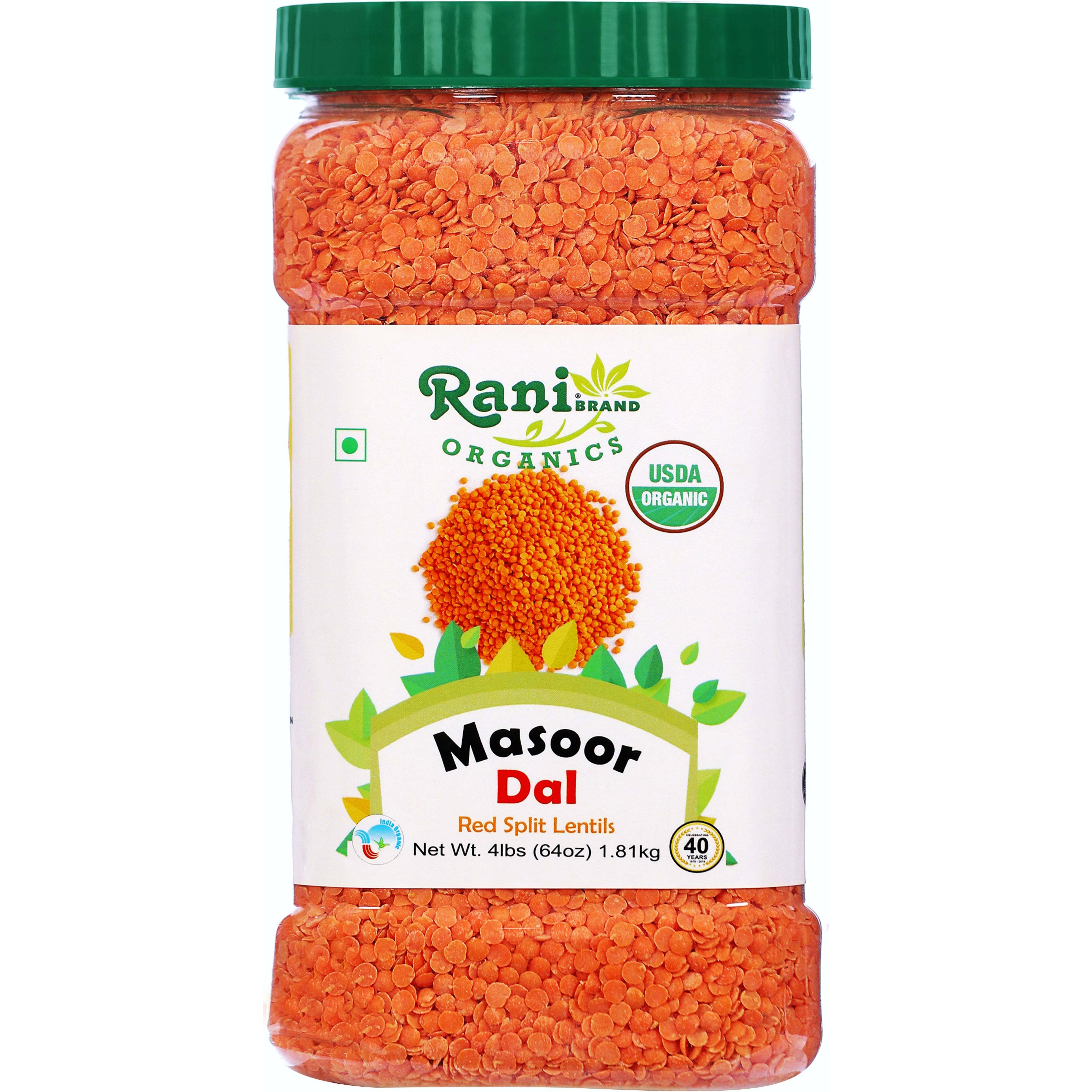 Rani Organic Masoor Dal (Red Split Lentils) 64oz (4lbs) 1.81kg Bulk PET Jar ~ All Natural, Vegan, Gluten Friendly, NON-GMO, Indian Origin, USDA Certified Organic