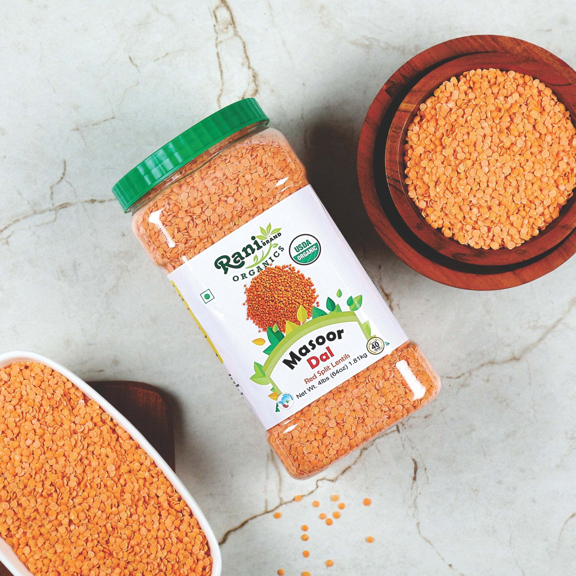 Rani Organic Masoor Dal (Red Split Lentils) 64oz (4lbs) 1.81kg Bulk PET Jar ~ All Natural, Vegan, Gluten Friendly, NON-GMO, Indian Origin, USDA Certified Organic