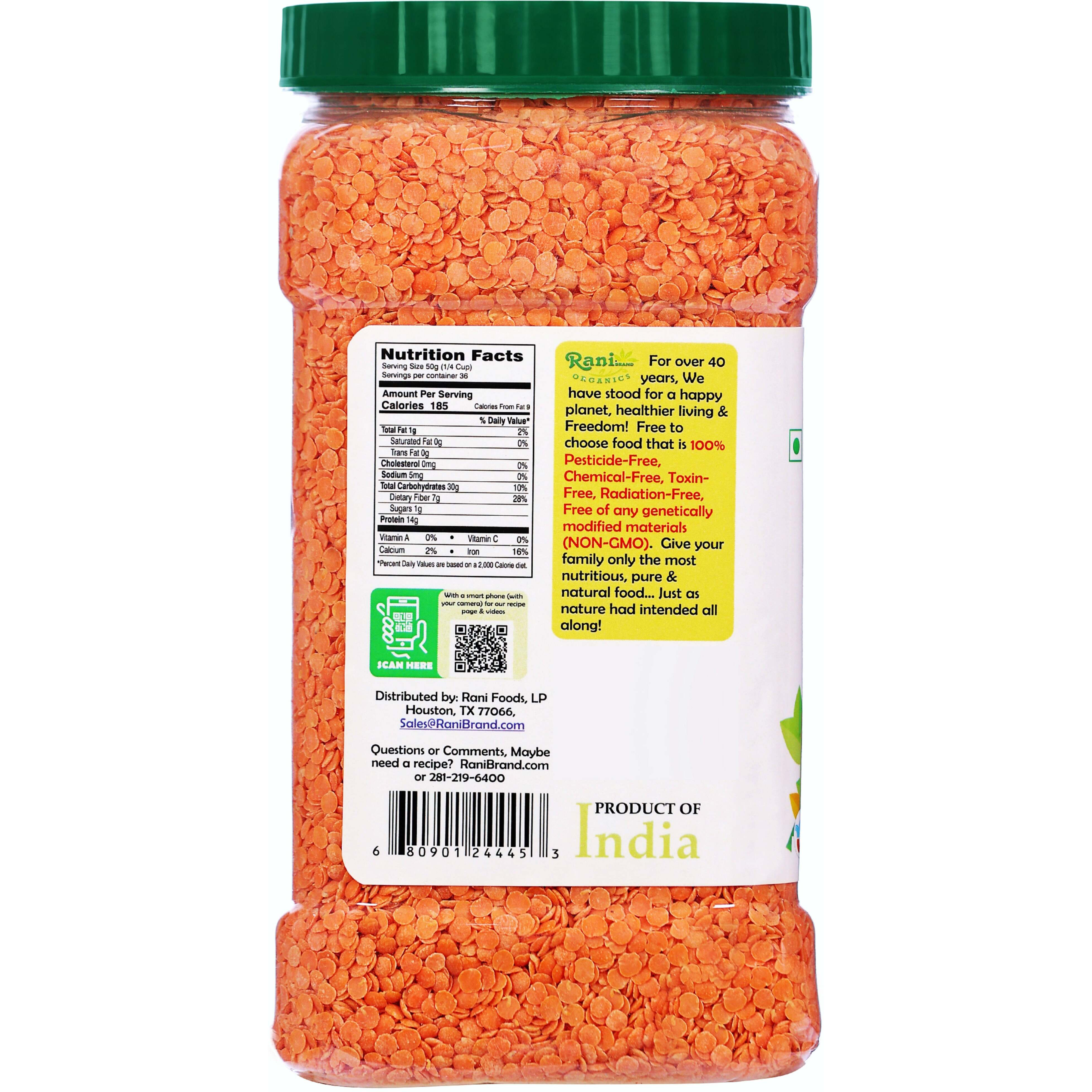 Rani Organic Masoor Dal (Red Split Lentils) 64oz (4lbs) 1.81kg Bulk PET Jar ~ All Natural, Vegan, Gluten Friendly, NON-GMO, Indian Origin, USDA Certified Organic