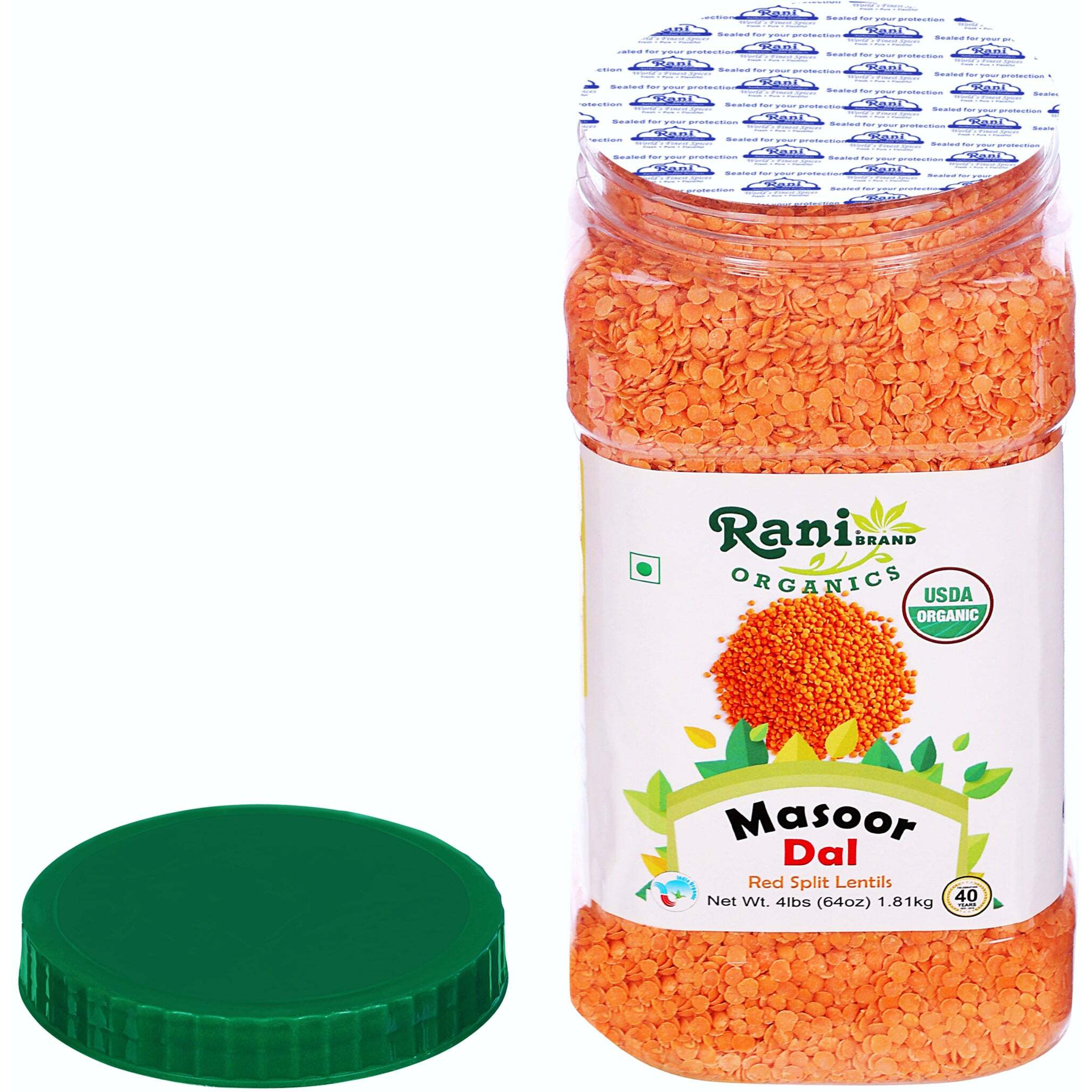 Rani Organic Masoor Dal (Red Split Lentils) 64oz (4lbs) 1.81kg Bulk PET Jar ~ All Natural, Vegan, Gluten Friendly, NON-GMO, Indian Origin, USDA Certified Organic