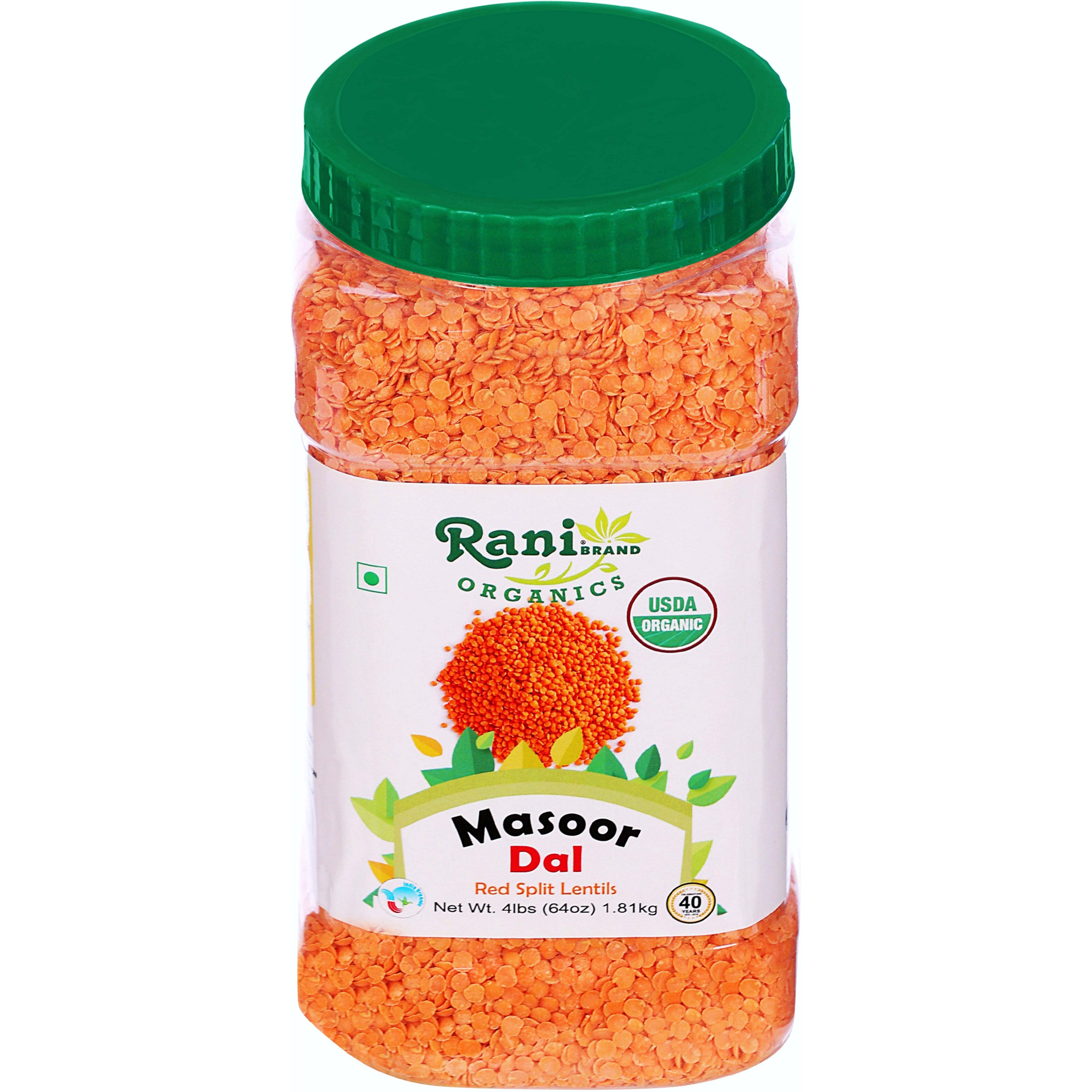 Rani Organic Masoor Dal (Red Split Lentils) 64oz (4lbs) 1.81kg Bulk PET Jar ~ All Natural, Vegan, Gluten Friendly, NON-GMO, Indian Origin, USDA Certified Organic