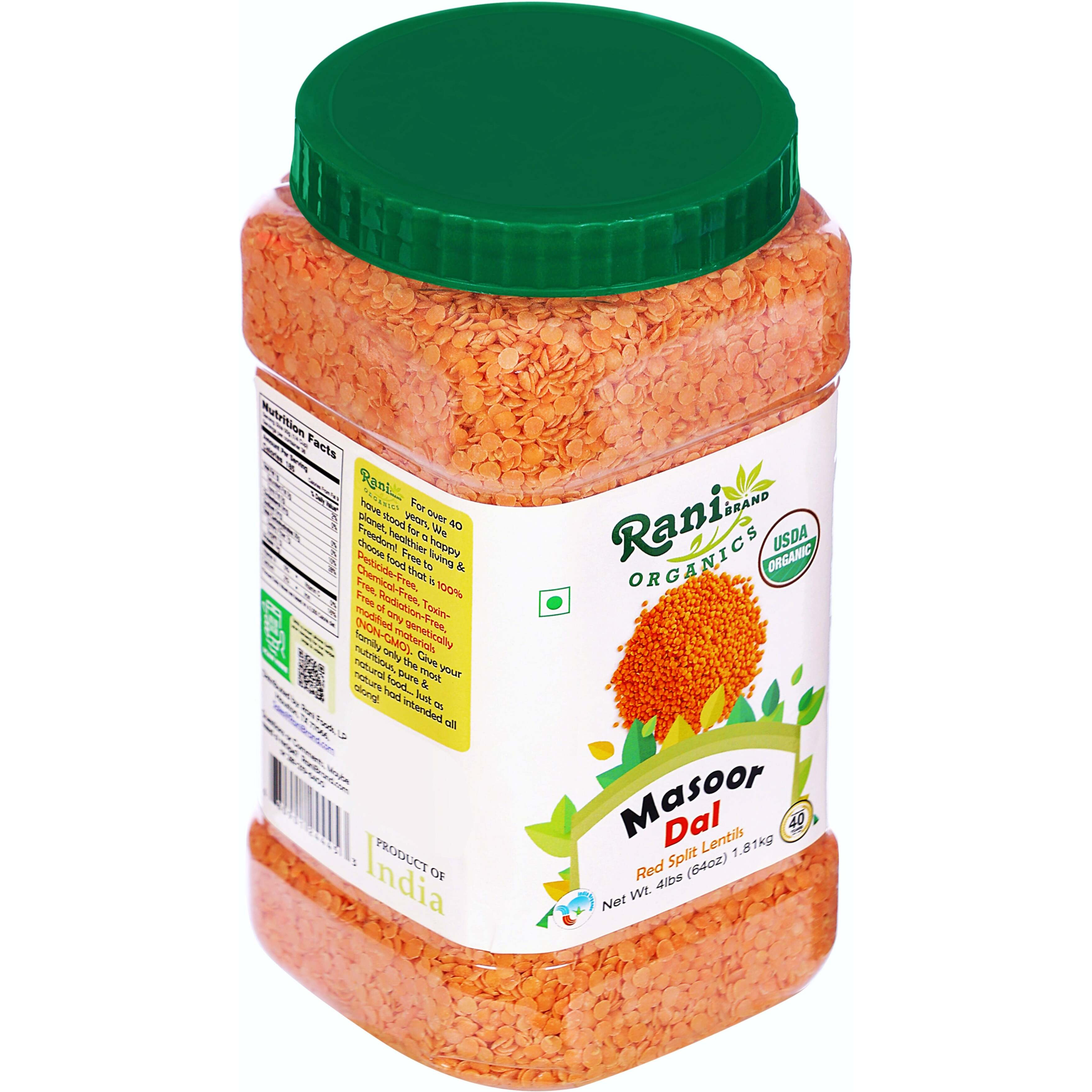 Rani Organic Masoor Dal (Red Split Lentils) 64oz (4lbs) 1.81kg Bulk PET Jar ~ All Natural, Vegan, Gluten Friendly, NON-GMO, Indian Origin, USDA Certified Organic