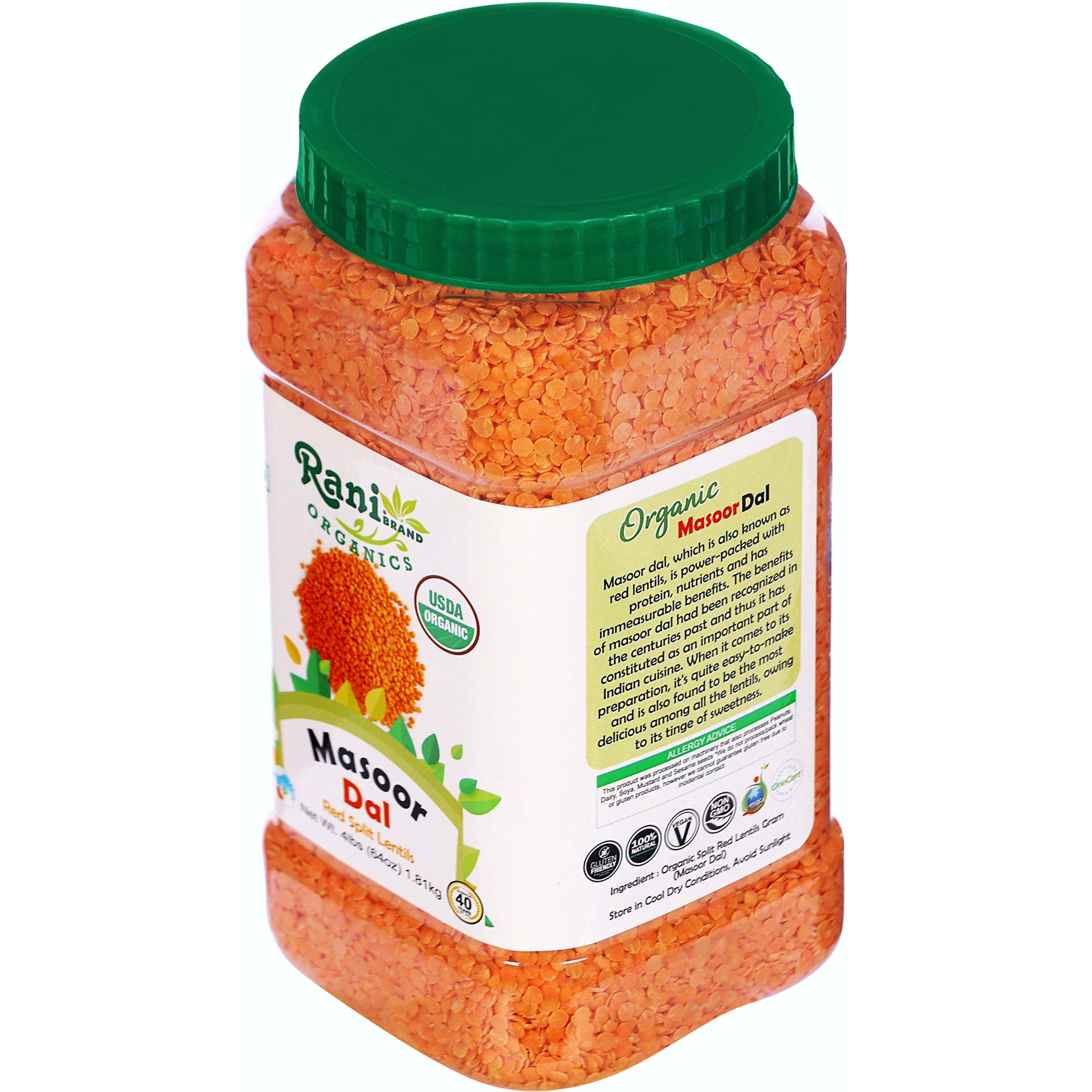 Rani Organic Masoor Dal (Red Split Lentils) 64oz (4lbs) 1.81kg Bulk PET Jar ~ All Natural, Vegan, Gluten Friendly, NON-GMO, Indian Origin, USDA Certified Organic