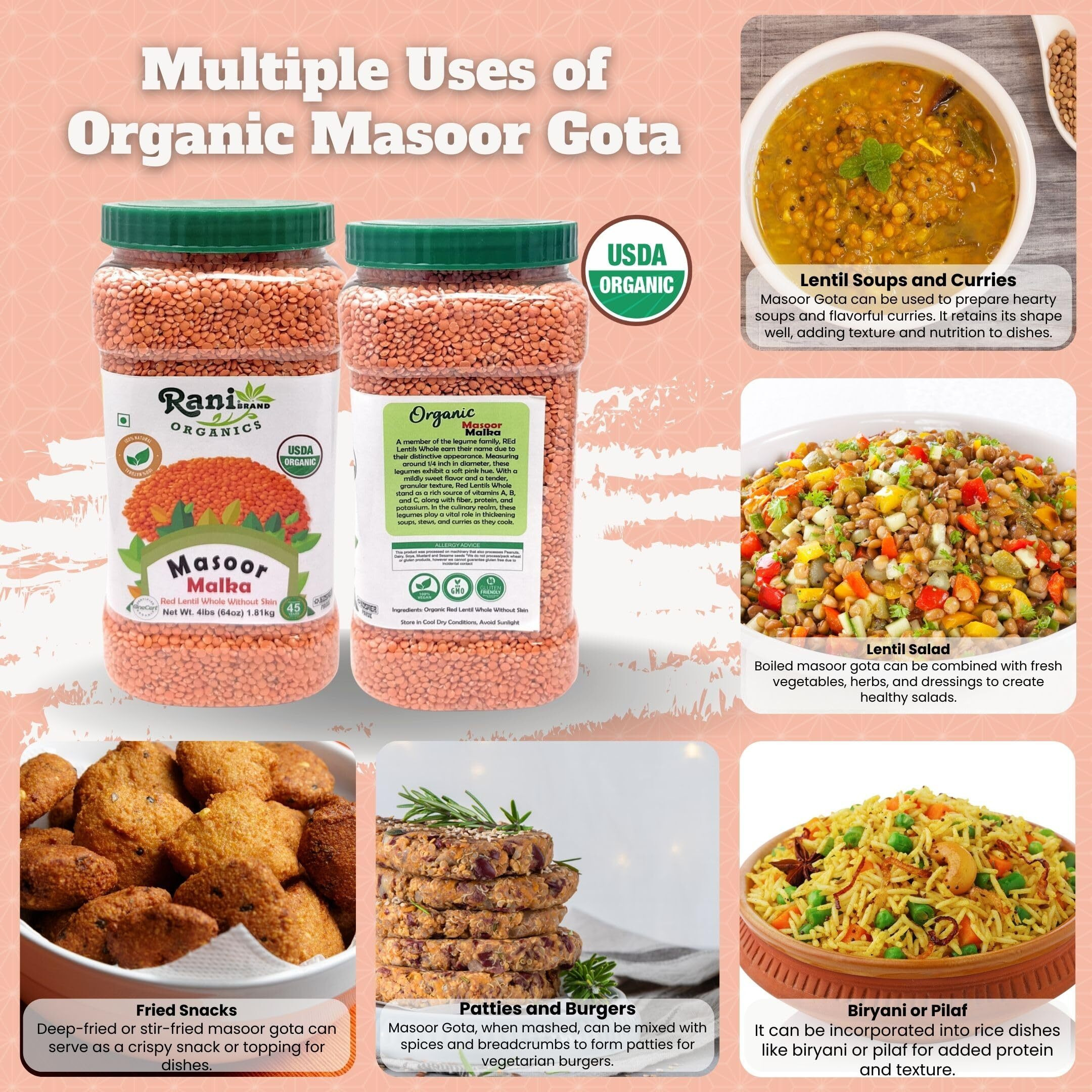 Rani Organic Masoor Gota (Football) Indian Red Lentils Skinless 64oz (4lbs) 1.81kg Bulk ~ All Natural, Gluten Friendly, NON-GMO, Kosher, Vegan, Indian Origin