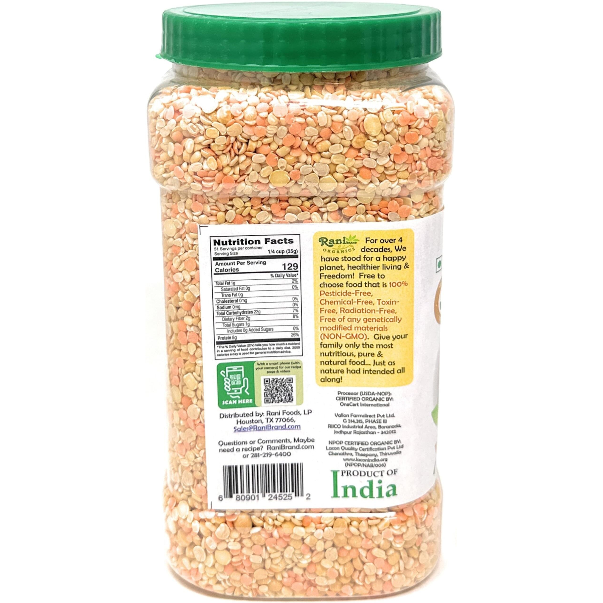 Rani Organic Mixed Dal (Chana Dal, Moong Dal, Toor Dal, Masoor Dal, Urad Dal) 64oz (4lbs) 1.81kg Bulk PET Jar ~ All Natural, Gluten Friendly, NON-GMO, Kosher, Vegan, Indian Origin, USDA Certified Organic