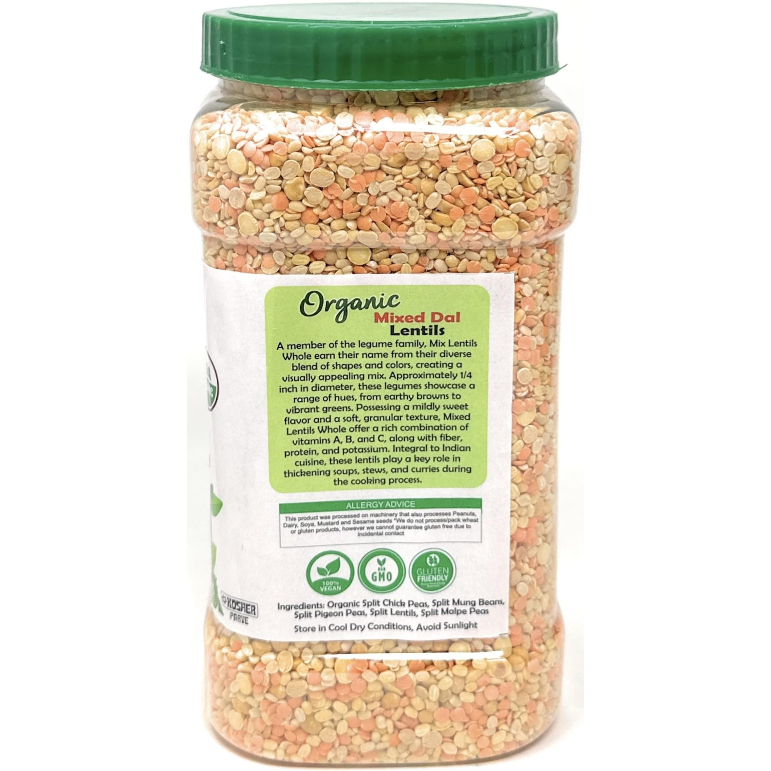 Rani Organic Mixed Dal (Chana Dal, Moong Dal, Toor Dal, Masoor Dal, Urad Dal) 64oz (4lbs) 1.81kg Bulk PET Jar ~ All Natural, Gluten Friendly, NON-GMO, Kosher, Vegan, Indian Origin, USDA Certified Organic