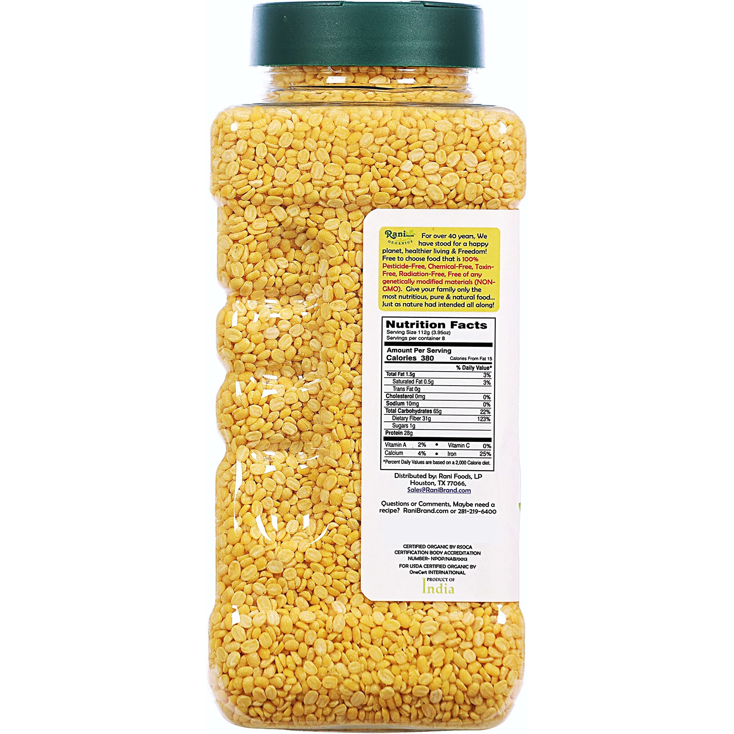 Rani Organic Moong Dal (Split Moong Beans Skinless) Indian Lentils 32oz (2lbs) 908g PET Jar ~ All Natural, Vegan, Gluten Friendly, NON-GMO, Indian Origin, USDA Certified Organic