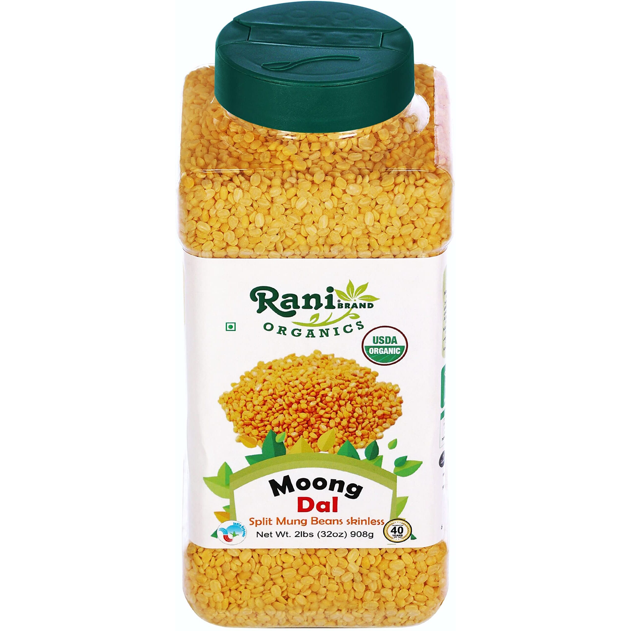 Rani Organic Moong Dal (Split Moong Beans Skinless) Indian Lentils 32oz (2lbs) 908g PET Jar ~ All Natural, Vegan, Gluten Friendly, NON-GMO, Indian Origin, USDA Certified Organic