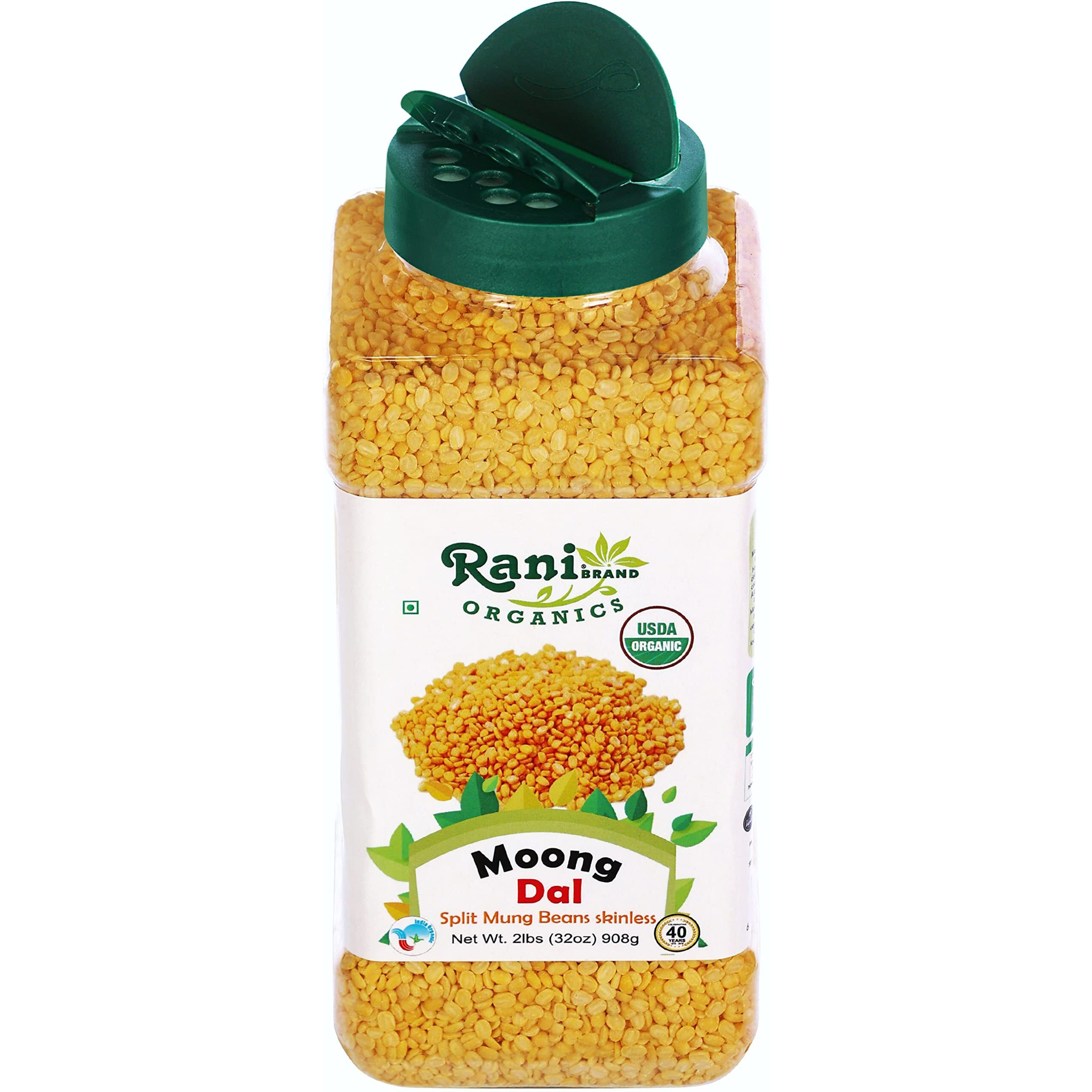 Rani Organic Moong Dal (Split Moong Beans Skinless) Indian Lentils 32oz (2lbs) 908g PET Jar ~ All Natural, Vegan, Gluten Friendly, NON-GMO, Indian Origin, USDA Certified Organic