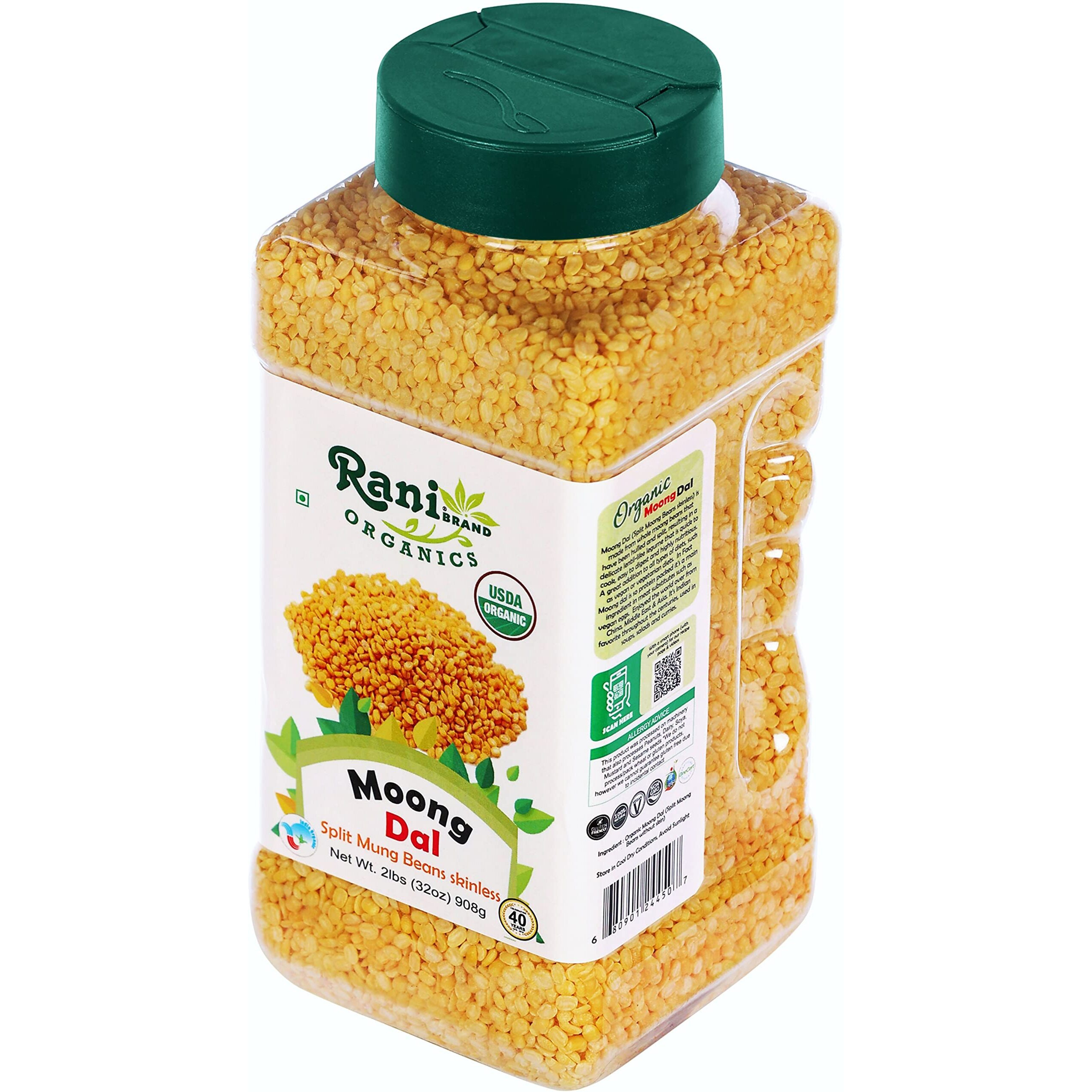 Rani Organic Moong Dal (Split Moong Beans Skinless) Indian Lentils 32oz (2lbs) 908g PET Jar ~ All Natural, Vegan, Gluten Friendly, NON-GMO, Indian Origin, USDA Certified Organic
