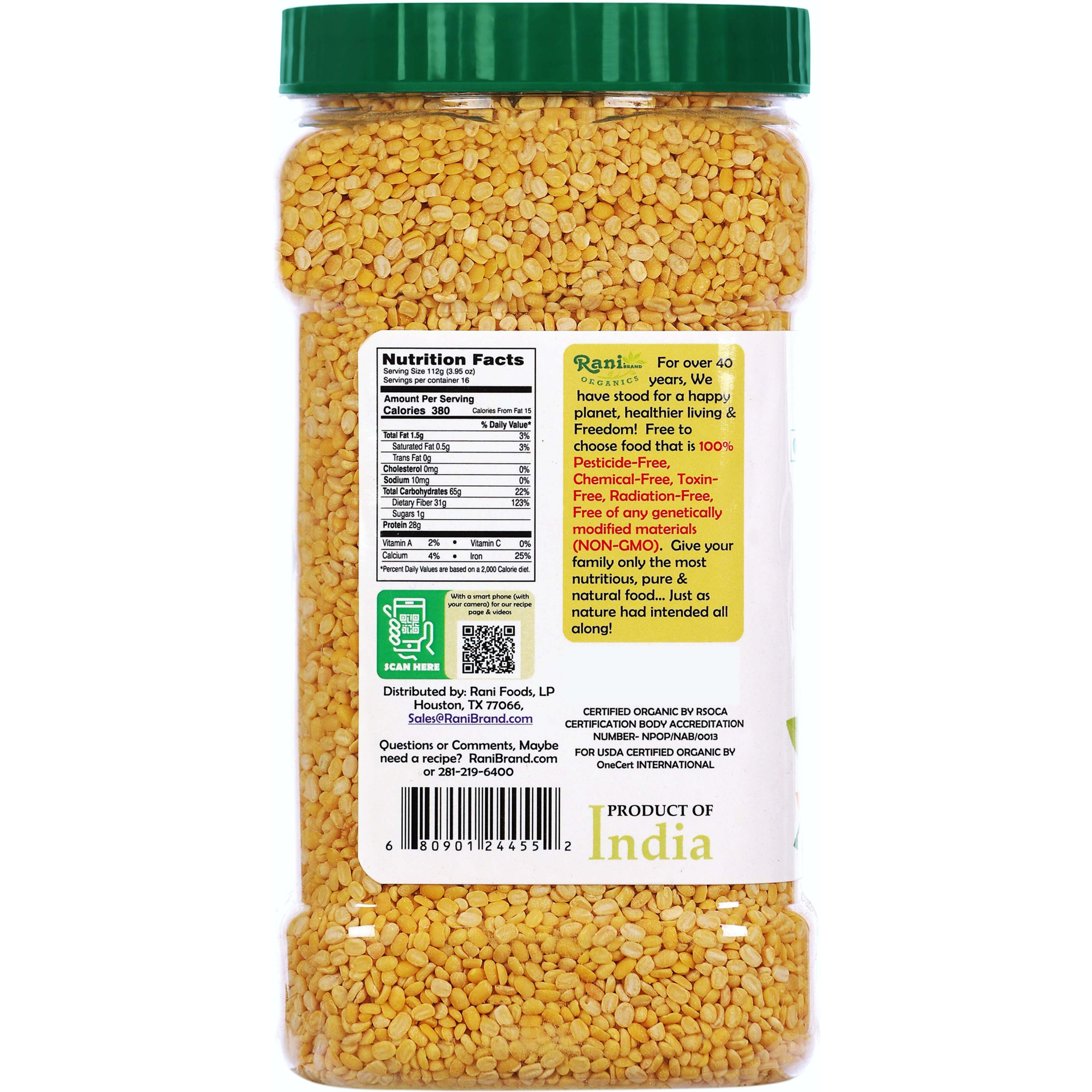 Rani Organic Moong Dal (Split Moong Beans Skinless) Indian Lentils 64oz (4lbs) 1.81kg Bulk PET Jar ~ All Natural, Vegan, Gluten Friendly, NON-GMO, Indian Origin, USDA Certified Organic