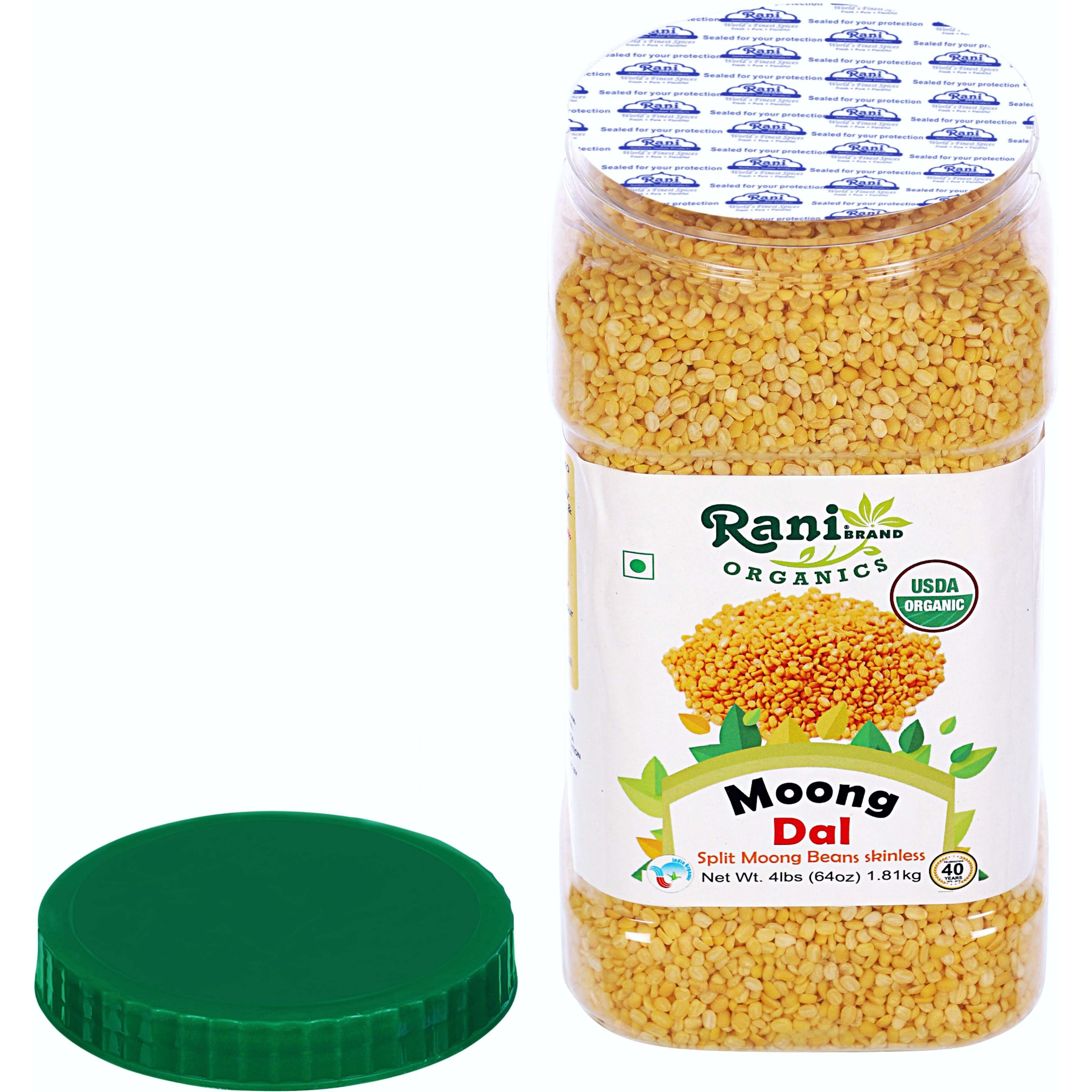 Rani Organic Moong Dal (Split Moong Beans Skinless) Indian Lentils 64oz (4lbs) 1.81kg Bulk PET Jar ~ All Natural, Vegan, Gluten Friendly, NON-GMO, Indian Origin, USDA Certified Organic