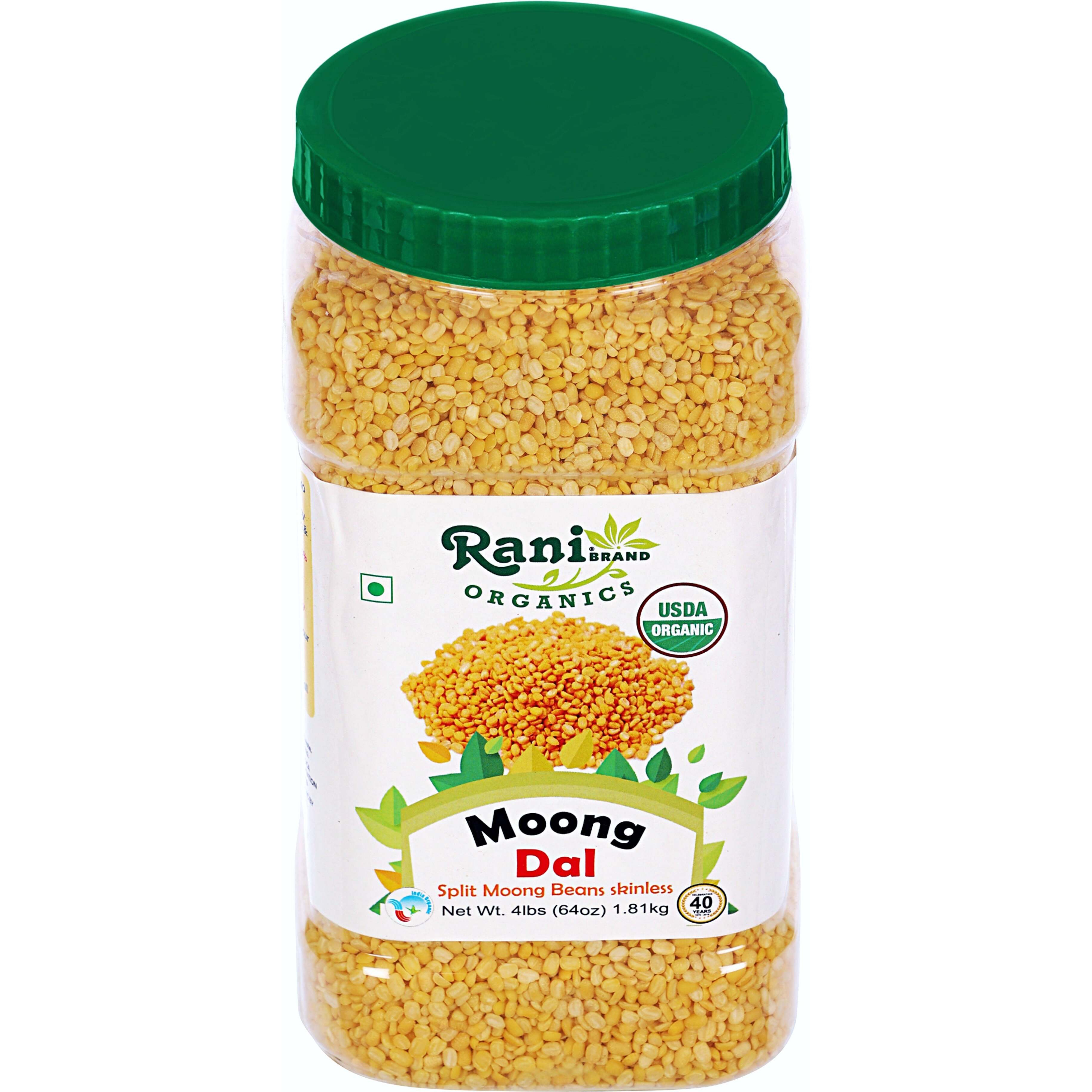 Rani Organic Moong Dal (Split Moong Beans Skinless) Indian Lentils 64oz (4lbs) 1.81kg Bulk PET Jar ~ All Natural, Vegan, Gluten Friendly, NON-GMO, Indian Origin, USDA Certified Organic