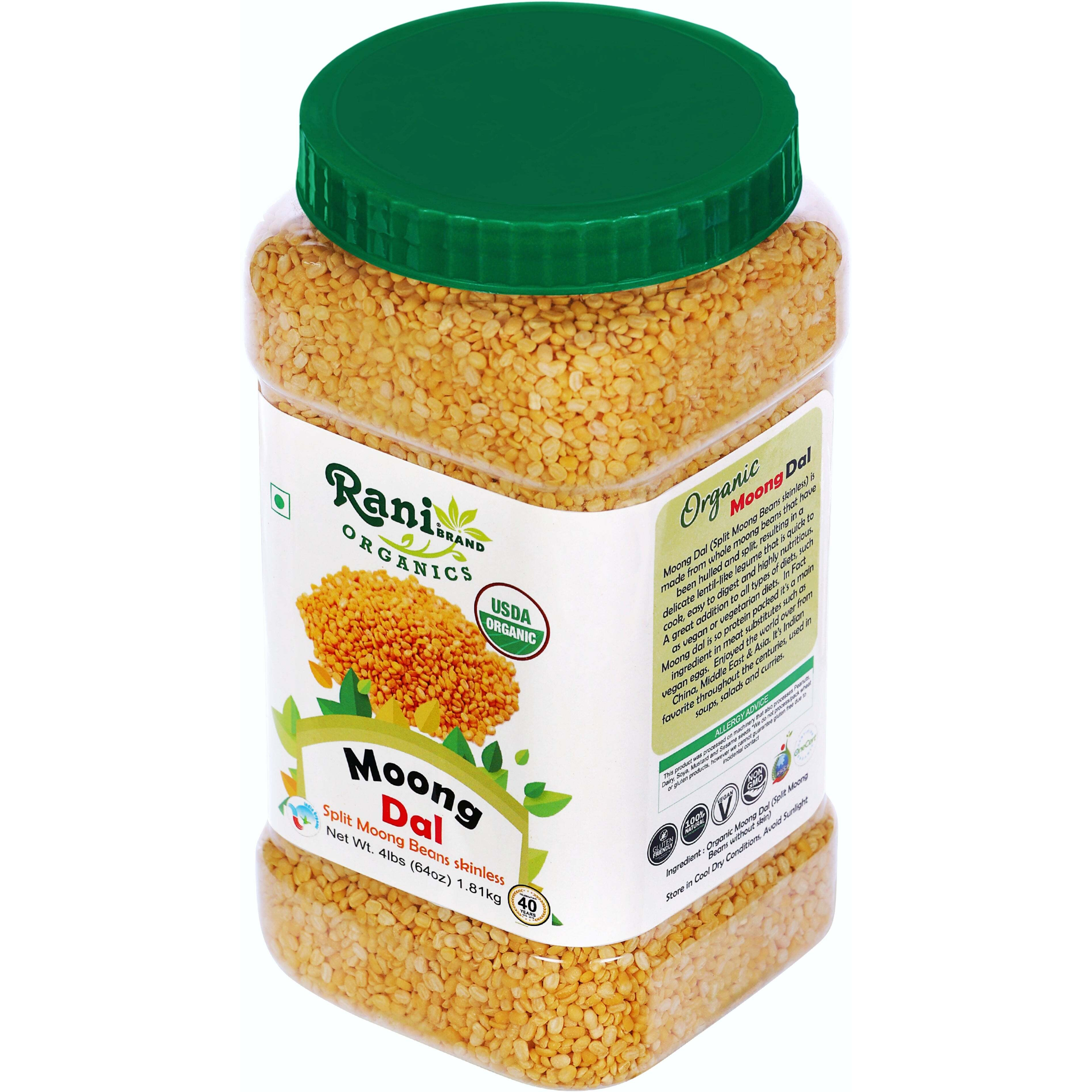 Rani Organic Moong Dal (Split Moong Beans Skinless) Indian Lentils 64oz (4lbs) 1.81kg Bulk PET Jar ~ All Natural, Vegan, Gluten Friendly, NON-GMO, Indian Origin, USDA Certified Organic
