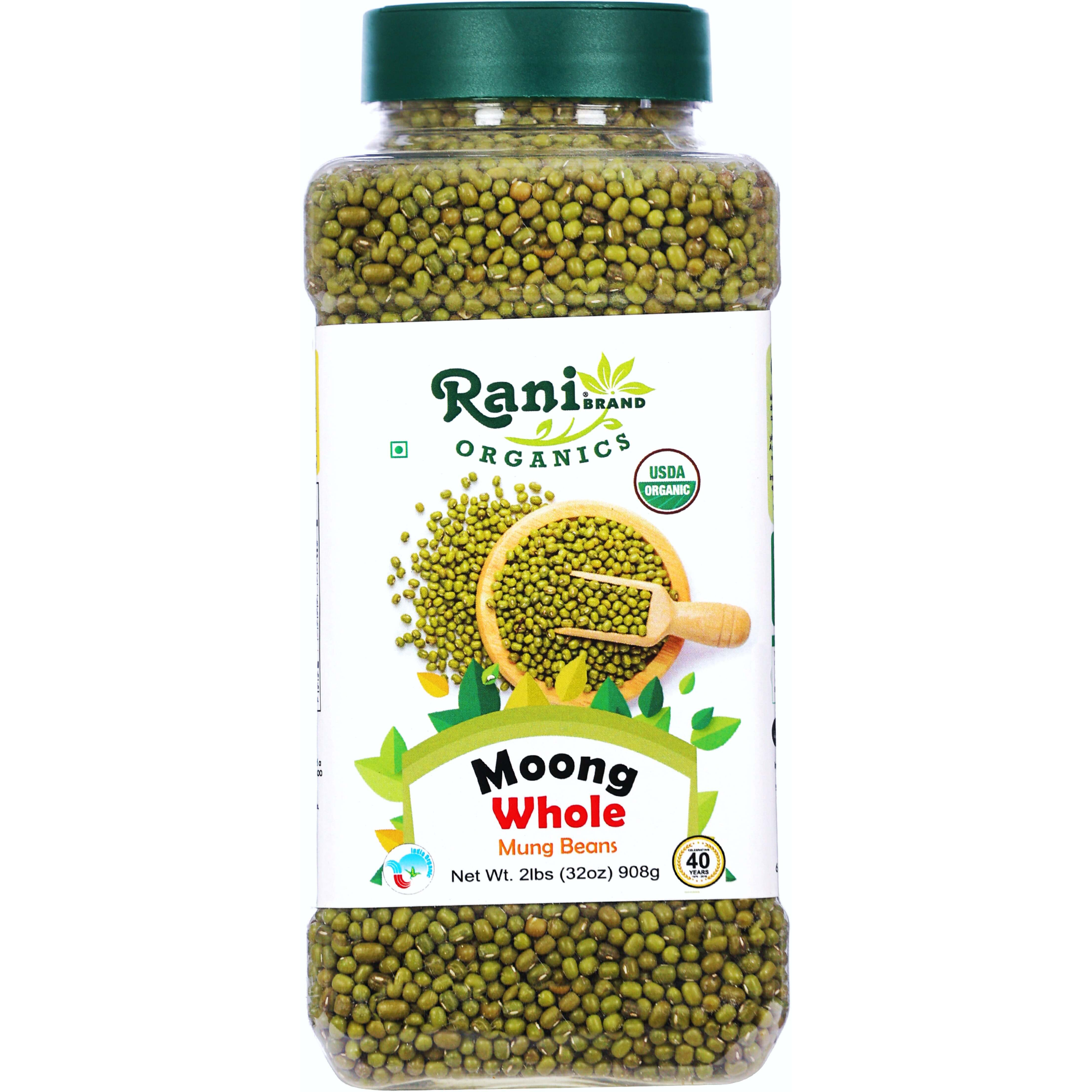 Rani Organic Moong Whole (Whole Mung Beans with Skin) Indian Lentils 32oz (2lbs) 908g PET Jar ~ All Natural, Vegan, Gluten Friendly, NON-GMO, Indian Origin, USDA Certified Organic