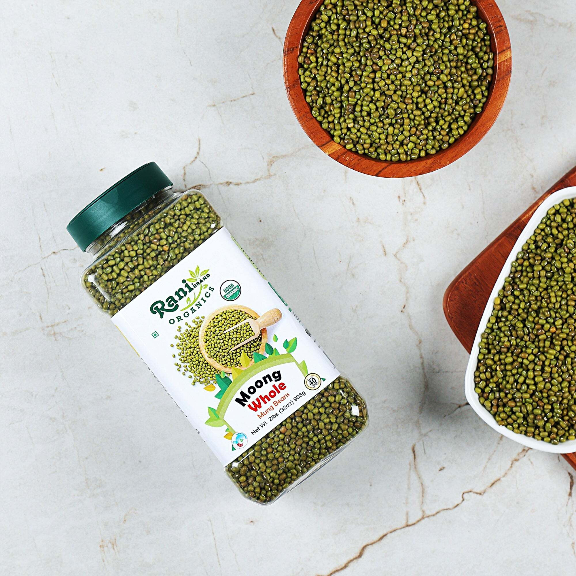 Rani Organic Moong Whole (Whole Mung Beans with Skin) Indian Lentils 32oz (2lbs) 908g PET Jar ~ All Natural, Vegan, Gluten Friendly, NON-GMO, Indian Origin, USDA Certified Organic