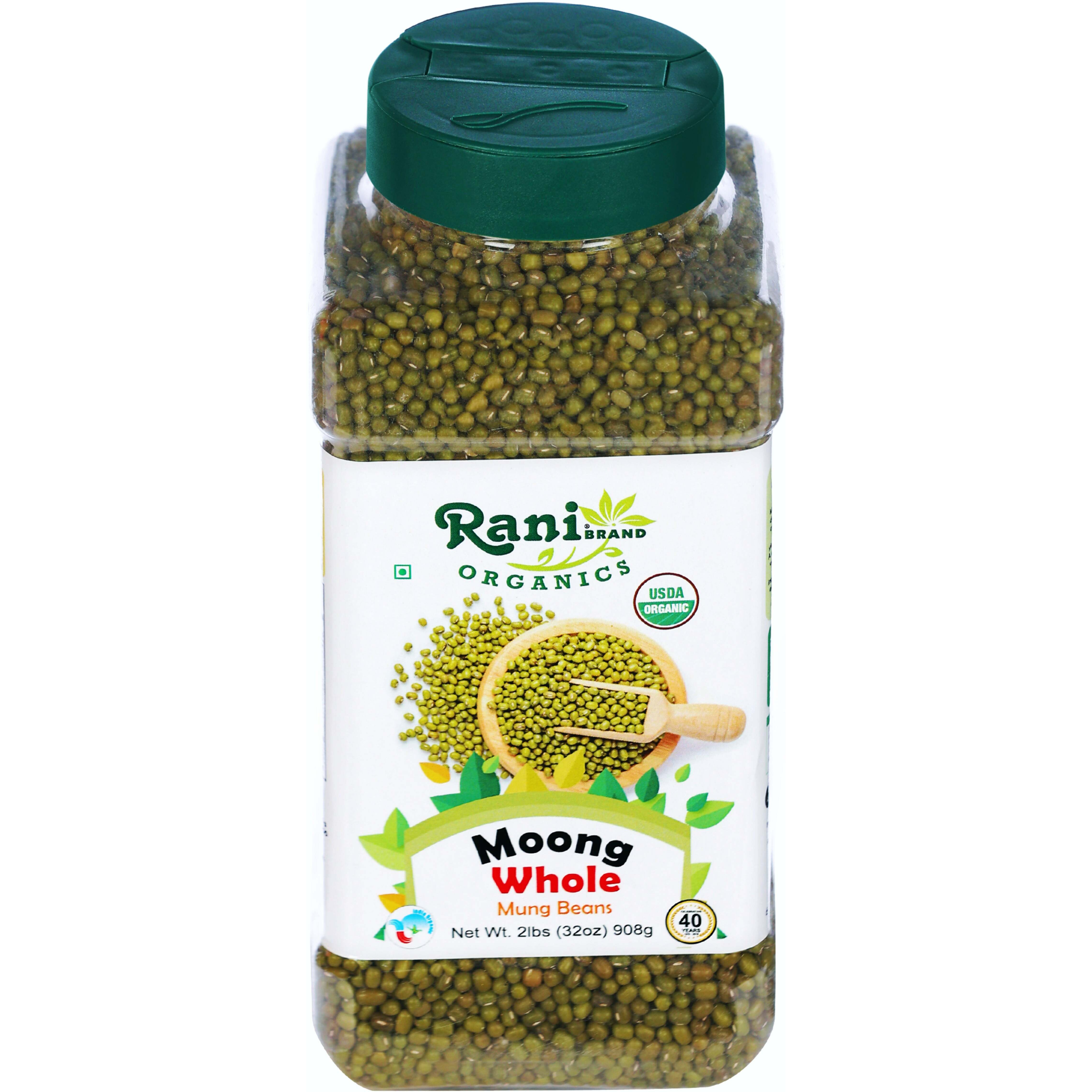 Rani Organic Moong Whole (Whole Mung Beans with Skin) Indian Lentils 32oz (2lbs) 908g PET Jar ~ All Natural, Vegan, Gluten Friendly, NON-GMO, Indian Origin, USDA Certified Organic