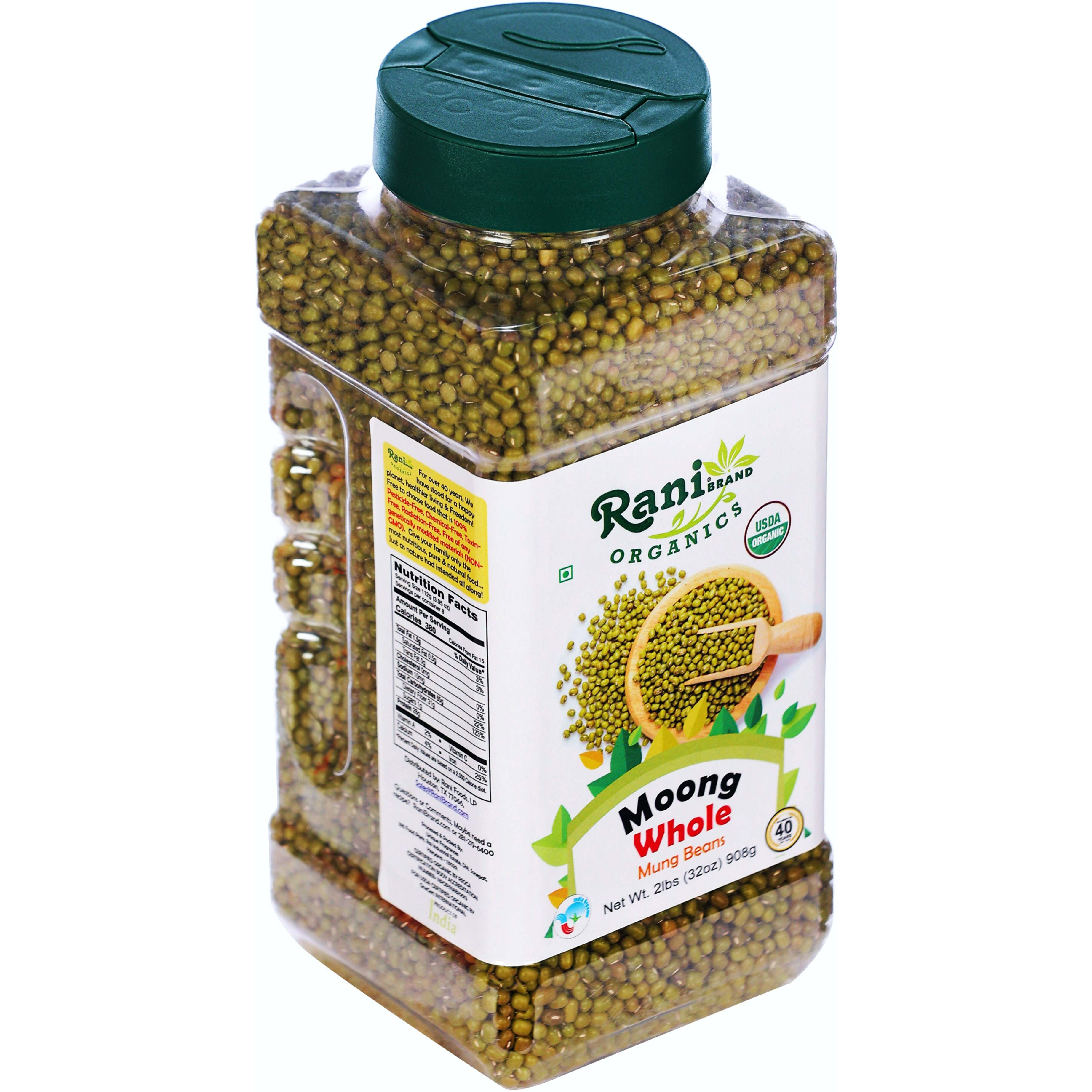 Rani Organic Moong Whole (Whole Mung Beans with Skin) Indian Lentils 32oz (2lbs) 908g PET Jar ~ All Natural, Vegan, Gluten Friendly, NON-GMO, Indian Origin, USDA Certified Organic