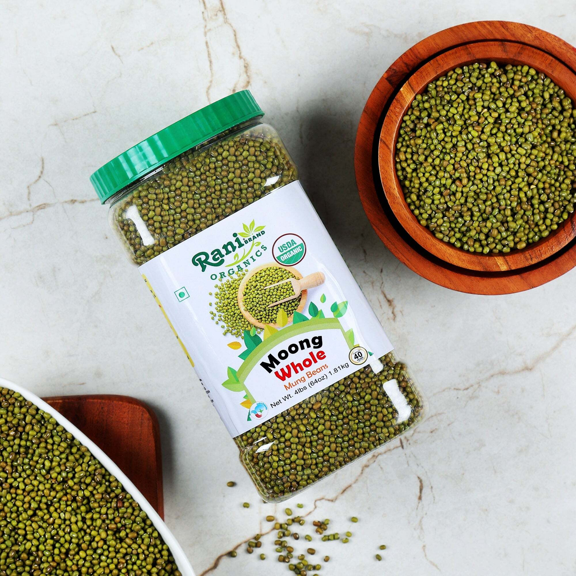 Rani Organic Moong Whole (Whole Mung Beans with Skin) Indian Lentils 64oz (4lbs) 1.81kg Bulk PET Jar ~ All Natural, Vegan, Gluten Friendly, NON-GMO, Indian Origin, USDA Certified Organic