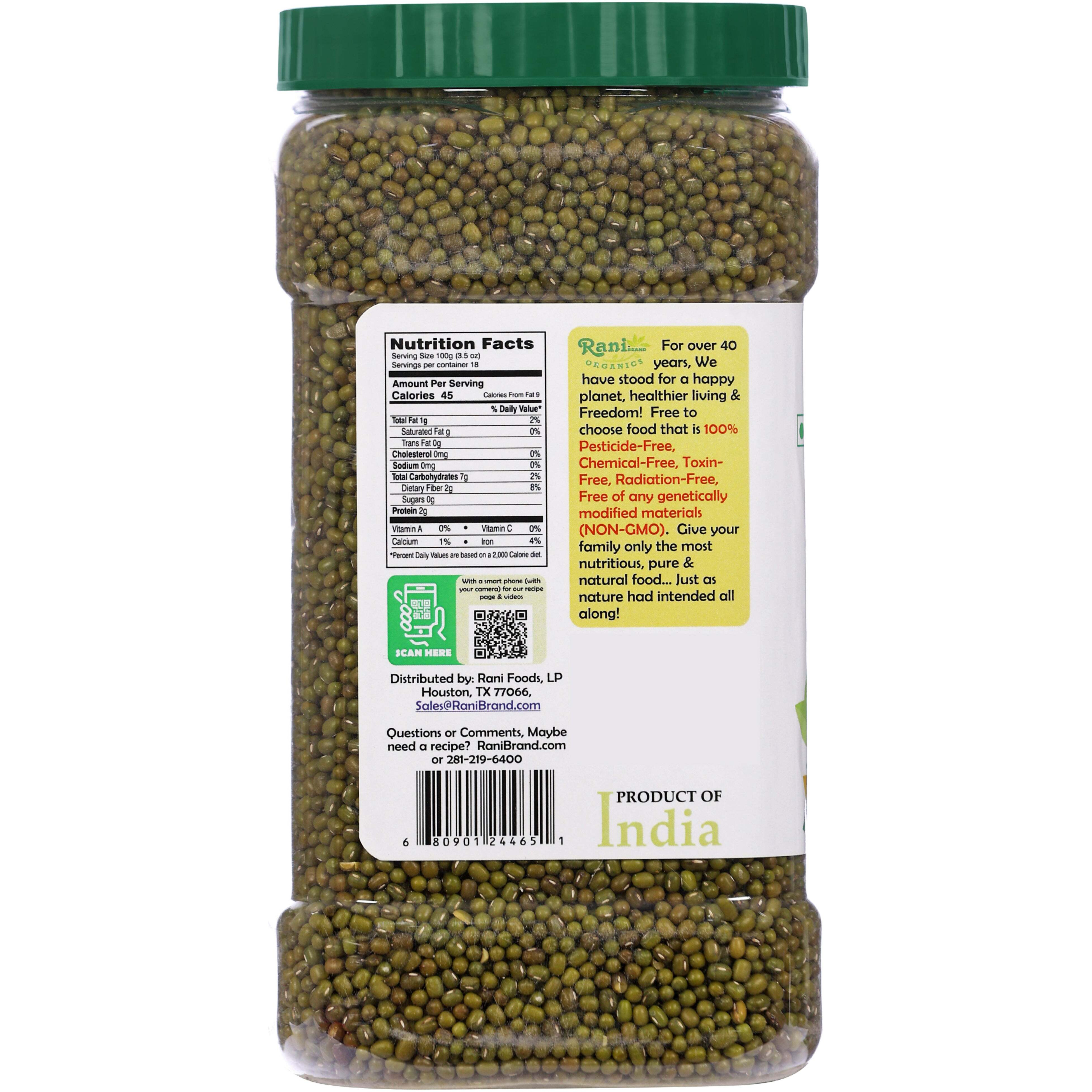 Rani Organic Moong Whole (Whole Mung Beans with Skin) Indian Lentils 64oz (4lbs) 1.81kg Bulk PET Jar ~ All Natural, Vegan, Gluten Friendly, NON-GMO, Indian Origin, USDA Certified Organic