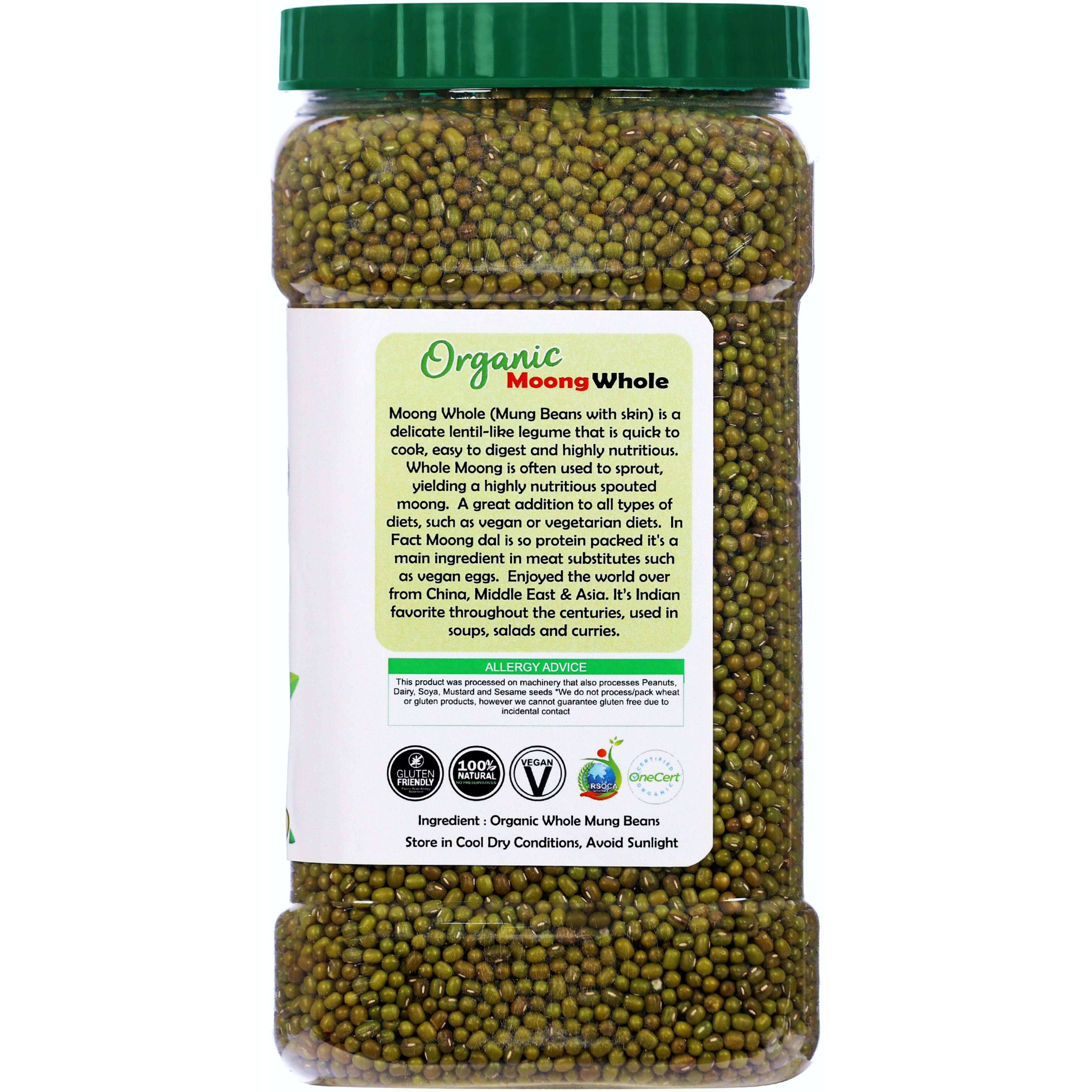 Rani Organic Moong Whole (Whole Mung Beans with Skin) Indian Lentils 64oz (4lbs) 1.81kg Bulk PET Jar ~ All Natural, Vegan, Gluten Friendly, NON-GMO, Indian Origin, USDA Certified Organic