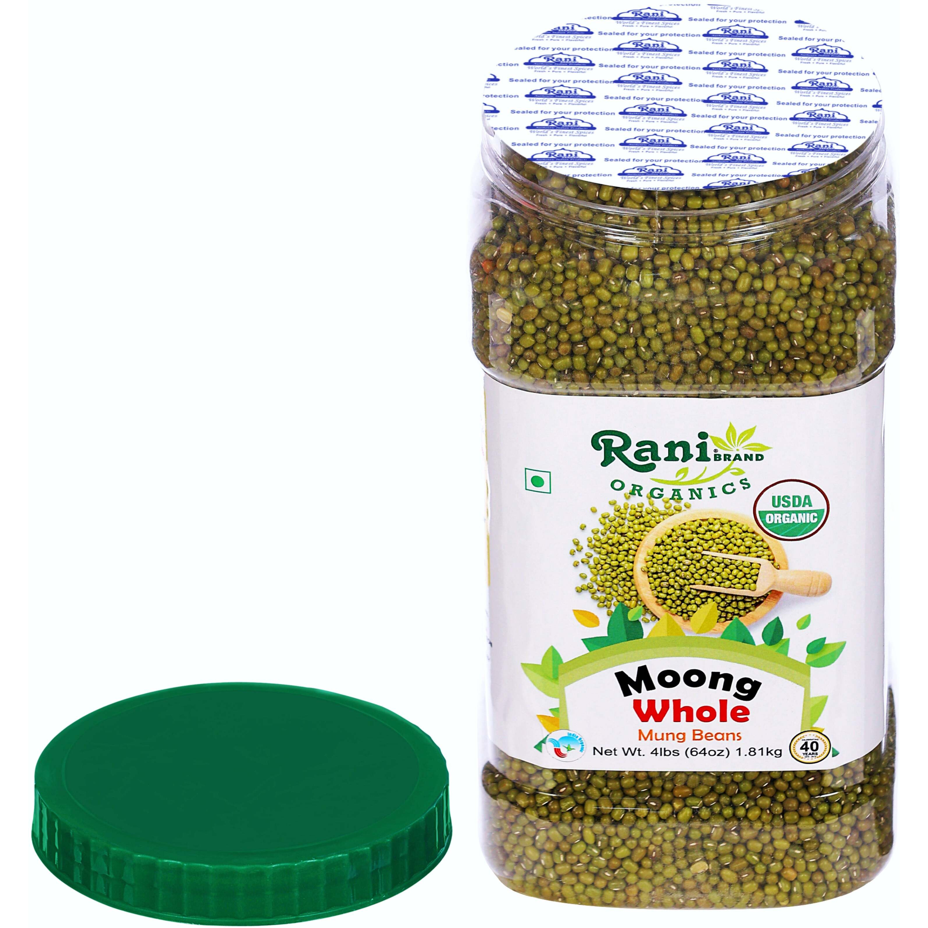 Rani Organic Moong Whole (Whole Mung Beans with Skin) Indian Lentils 64oz (4lbs) 1.81kg Bulk PET Jar ~ All Natural, Vegan, Gluten Friendly, NON-GMO, Indian Origin, USDA Certified Organic