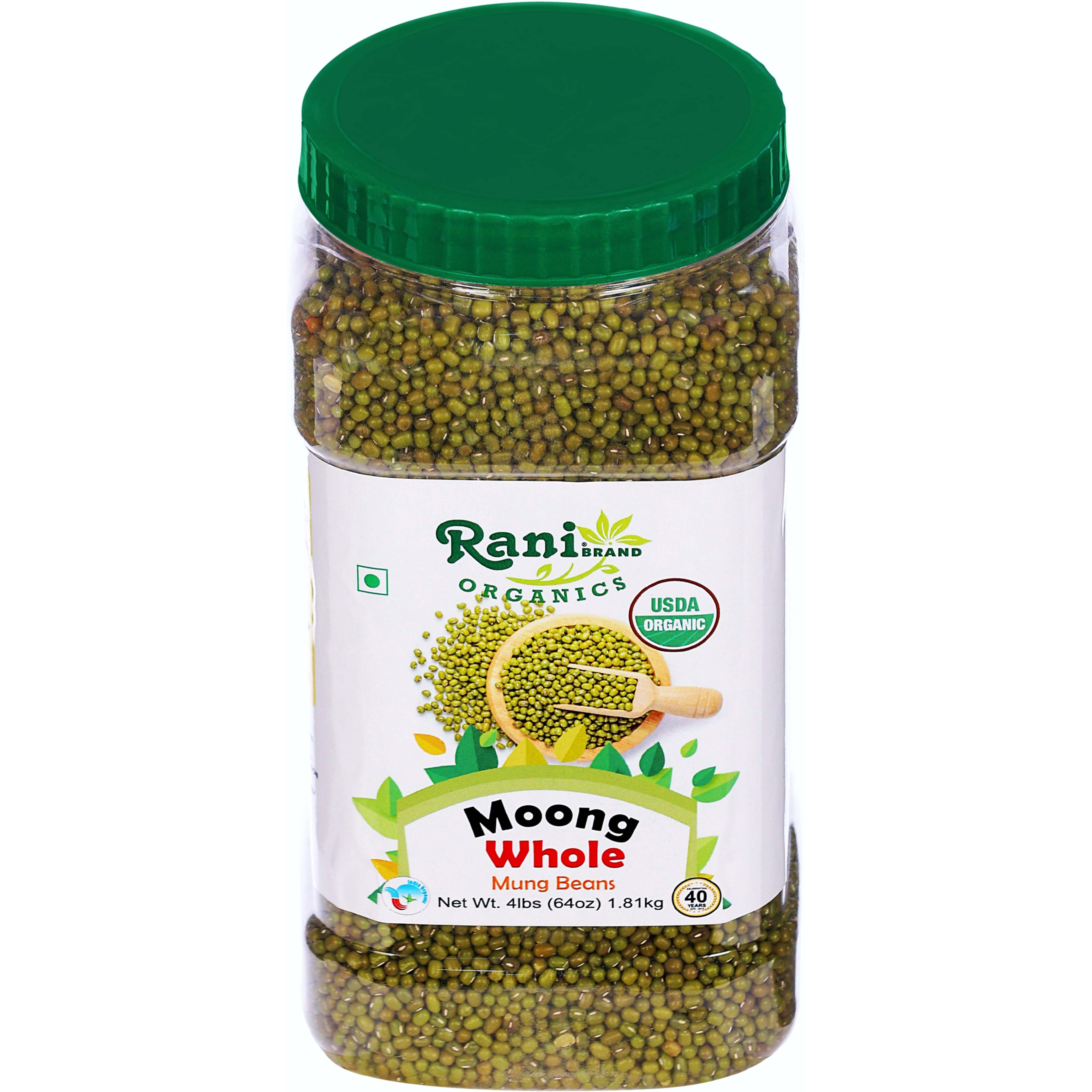 Rani Organic Moong Whole (Whole Mung Beans with Skin) Indian Lentils 64oz (4lbs) 1.81kg Bulk PET Jar ~ All Natural, Vegan, Gluten Friendly, NON-GMO, Indian Origin, USDA Certified Organic
