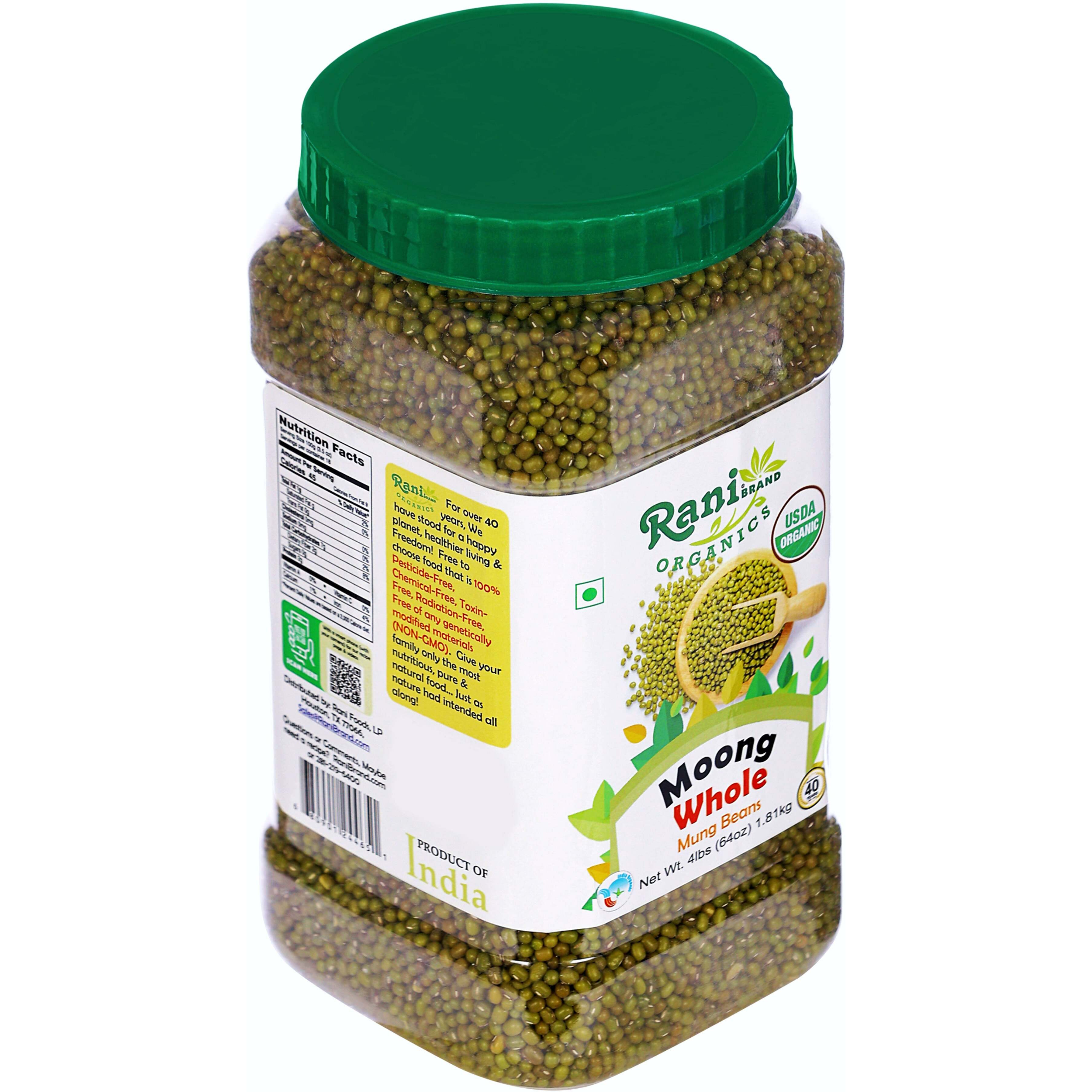Rani Organic Moong Whole (Whole Mung Beans with Skin) Indian Lentils 64oz (4lbs) 1.81kg Bulk PET Jar ~ All Natural, Vegan, Gluten Friendly, NON-GMO, Indian Origin, USDA Certified Organic
