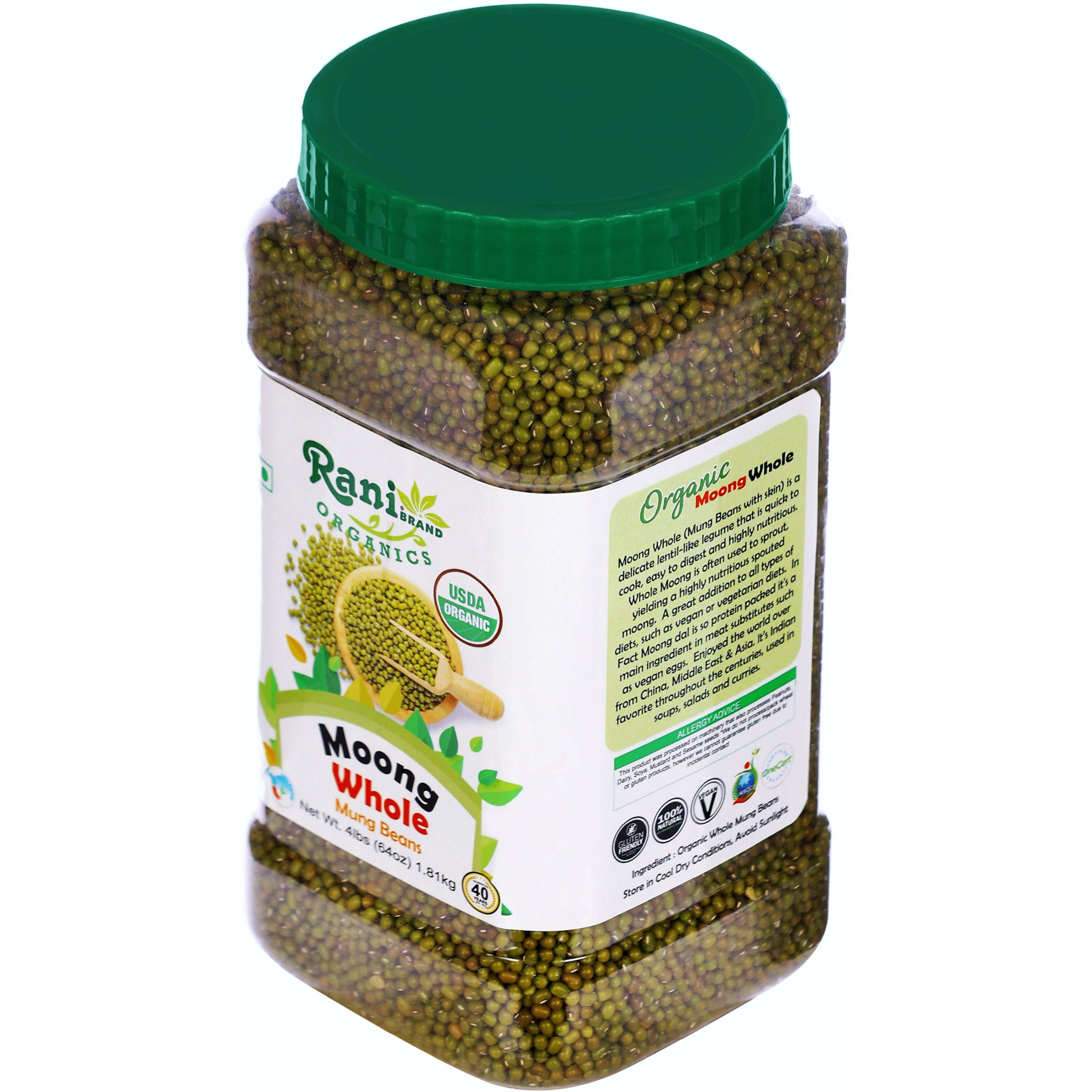 Rani Organic Moong Whole (Whole Mung Beans with Skin) Indian Lentils 64oz (4lbs) 1.81kg Bulk PET Jar ~ All Natural, Vegan, Gluten Friendly, NON-GMO, Indian Origin, USDA Certified Organic