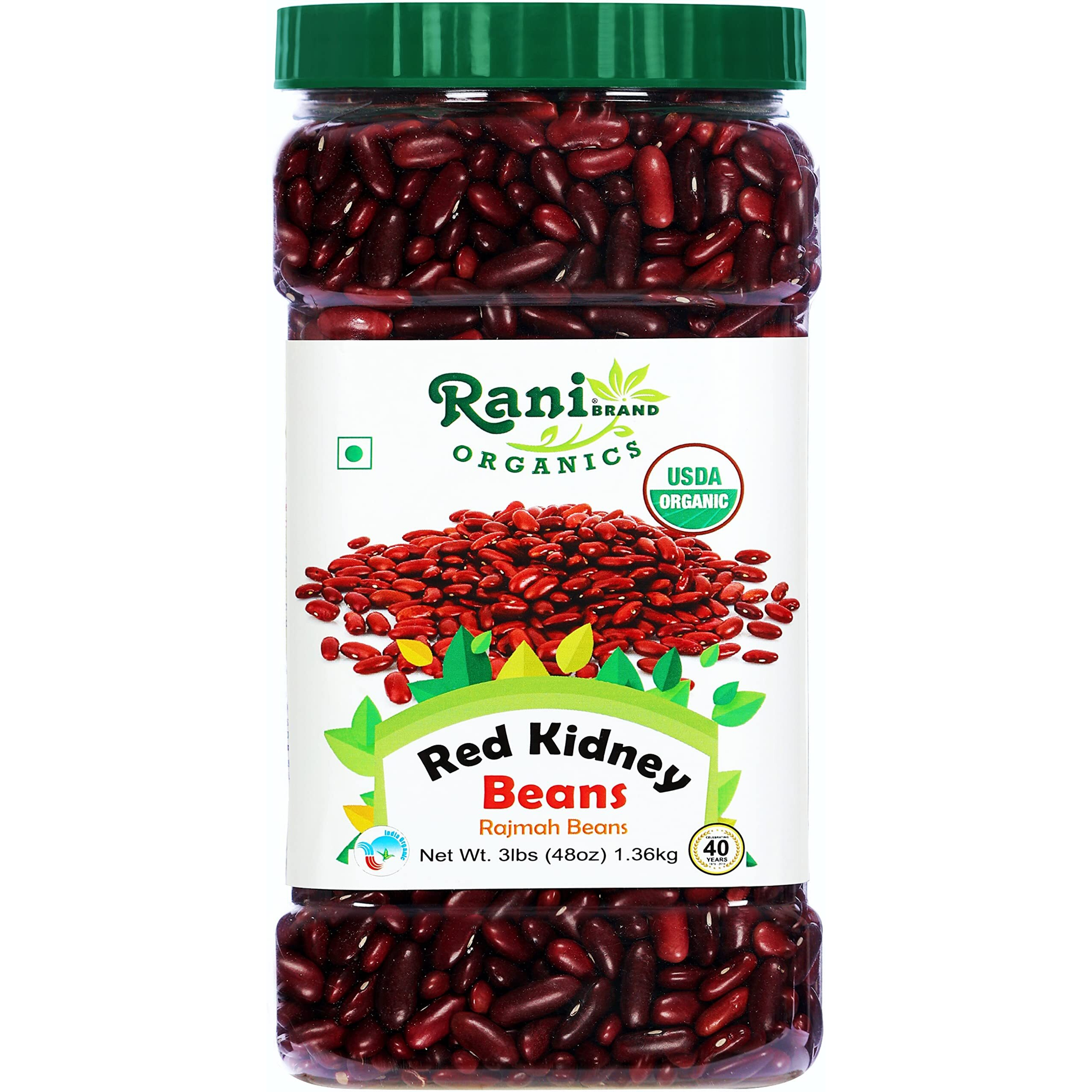 Rani Organic Red Kidney Beans (Rajmah Beans) Light 48oz (3lbs) 1.36kg Bulk PET Jar ~ All Natural, Vegan, Gluten Friendly, NON-GMO, Indian Origin, USDA Certified Organic