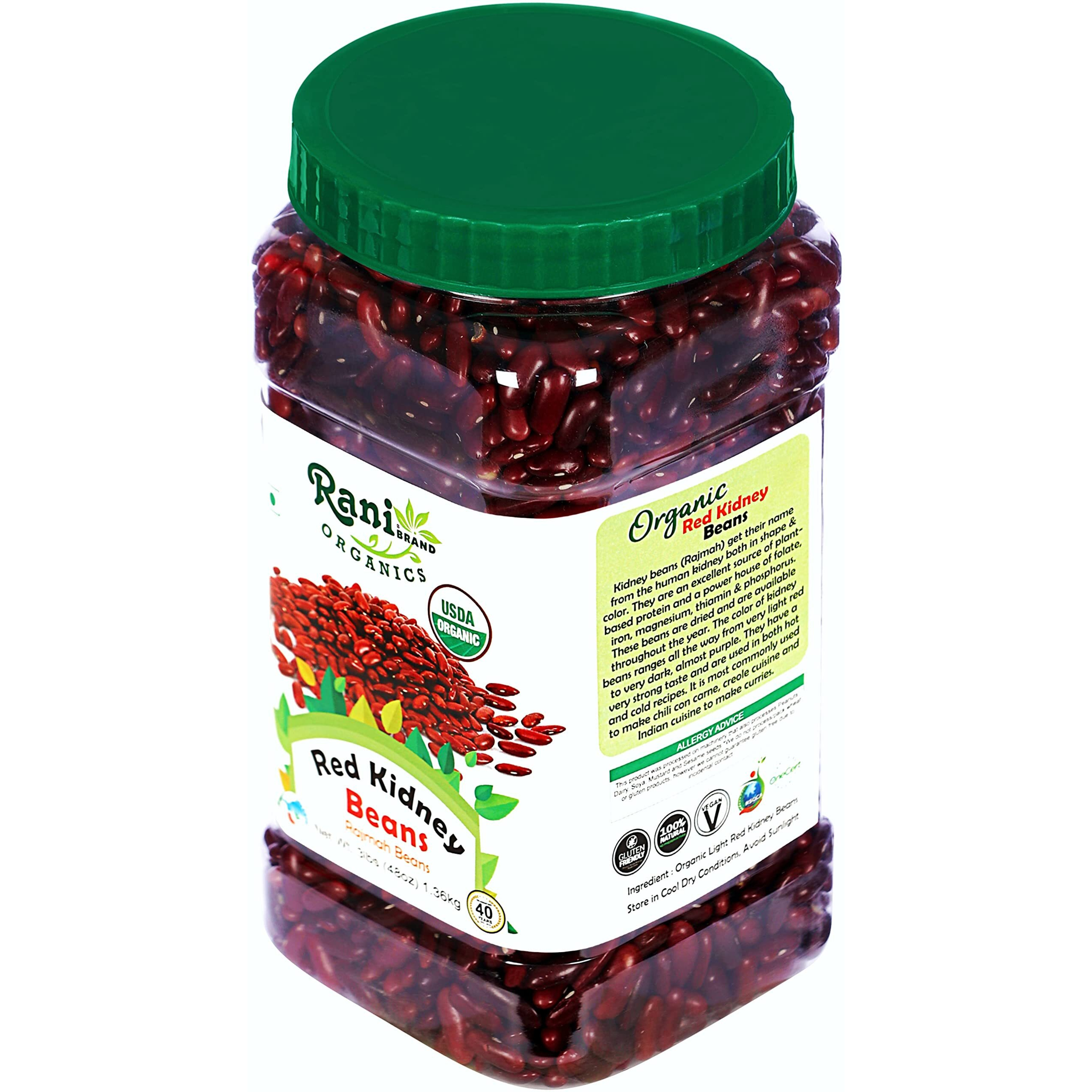 Rani Organic Red Kidney Beans (Rajmah Beans) Light 48oz (3lbs) 1.36kg Bulk PET Jar ~ All Natural, Vegan, Gluten Friendly, NON-GMO, Indian Origin, USDA Certified Organic