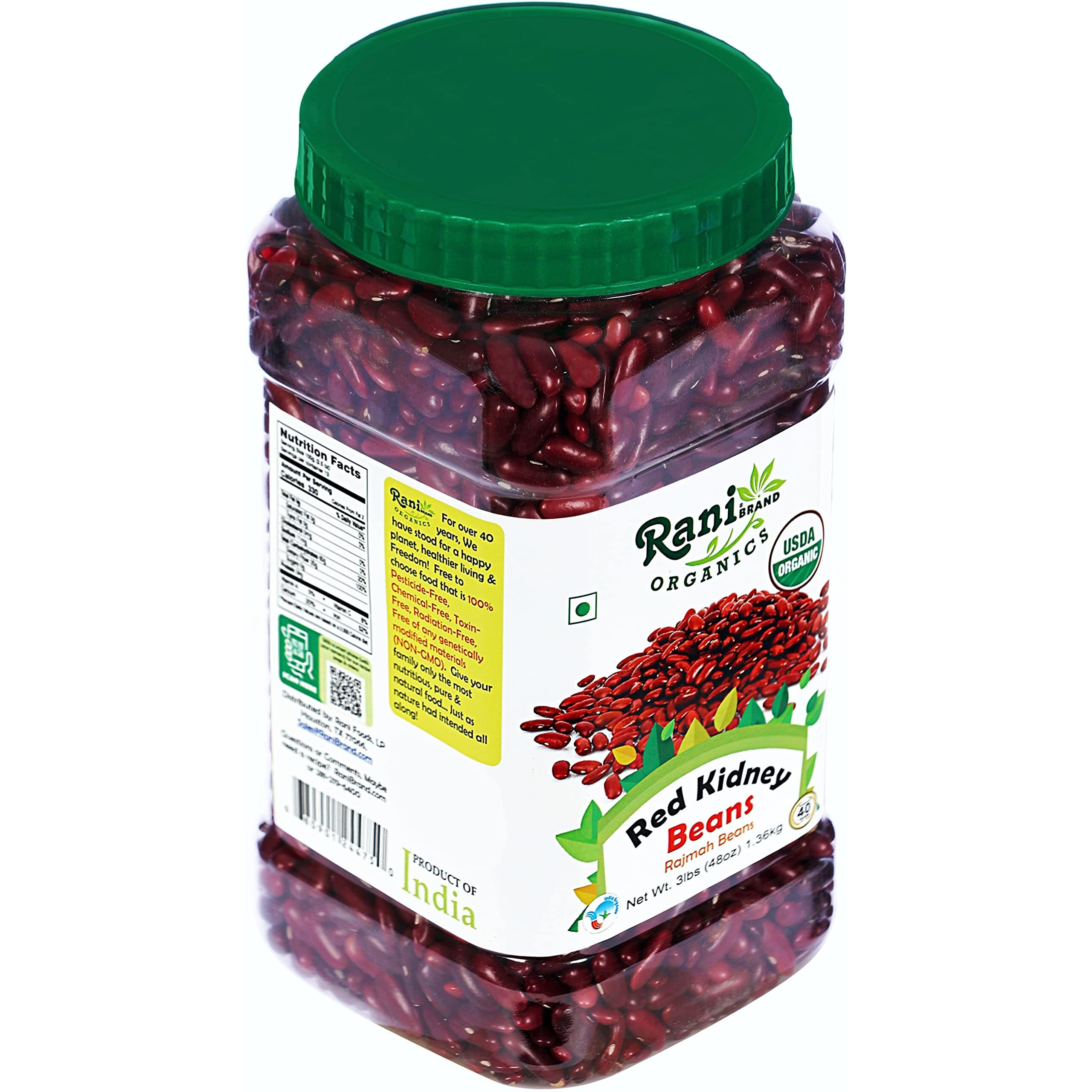 Rani Organic Red Kidney Beans (Rajmah Beans) Light 48oz (3lbs) 1.36kg Bulk PET Jar ~ All Natural, Vegan, Gluten Friendly, NON-GMO, Indian Origin, USDA Certified Organic