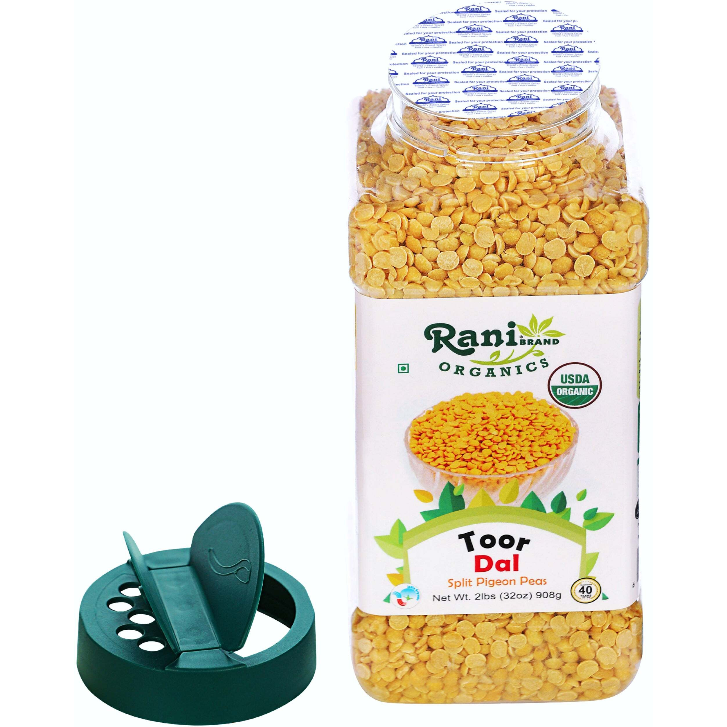 Rani Organic Toor Dal (Split Pigeon Peas) 32oz (2lbs) 908g PET Jar ~ All Natural, Vegan, Gluten Friendly, NON-GMO, Indian Origin, USDA Certified Organic