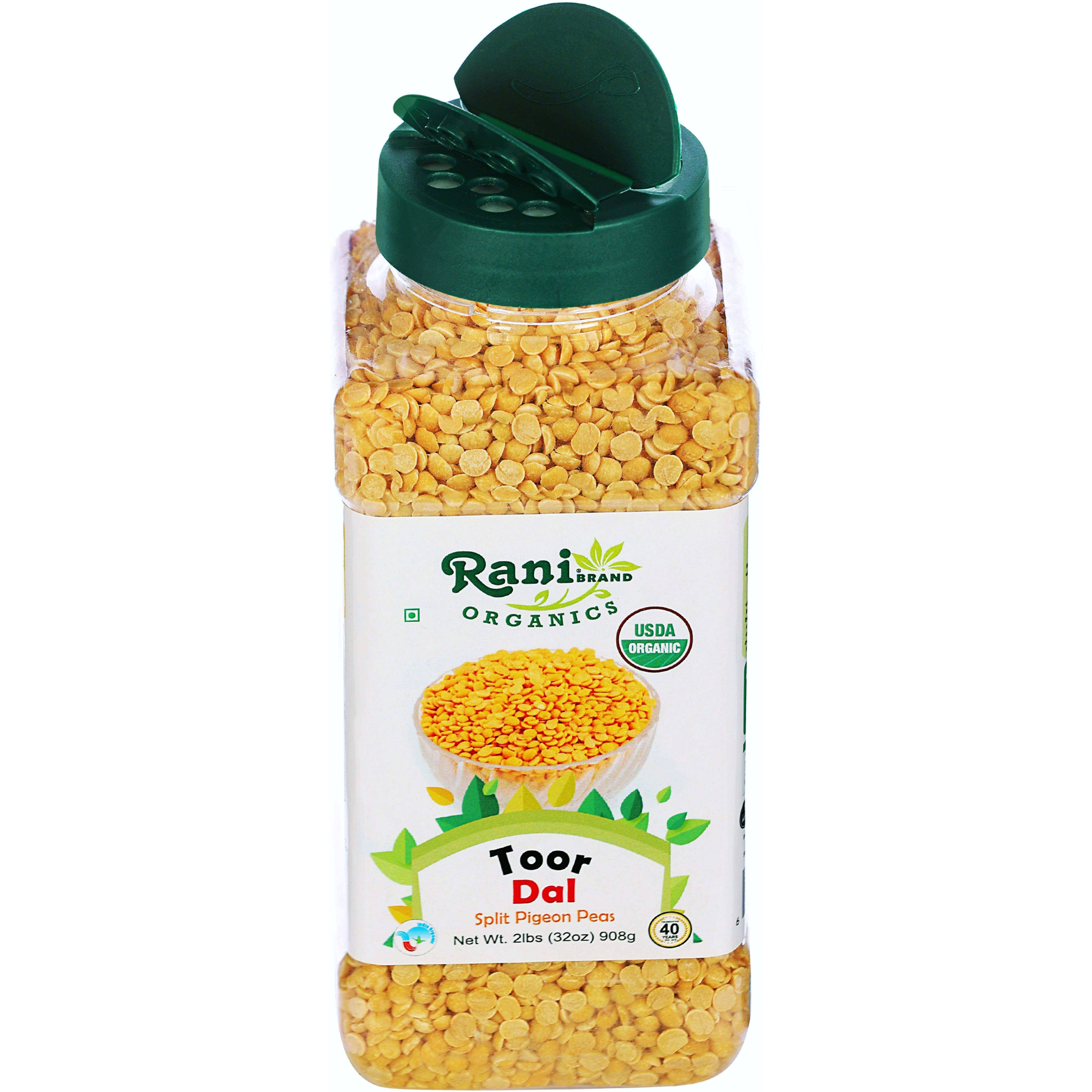 Rani Organic Toor Dal (Split Pigeon Peas) 32oz (2lbs) 908g PET Jar ~ All Natural, Vegan, Gluten Friendly, NON-GMO, Indian Origin, USDA Certified Organic